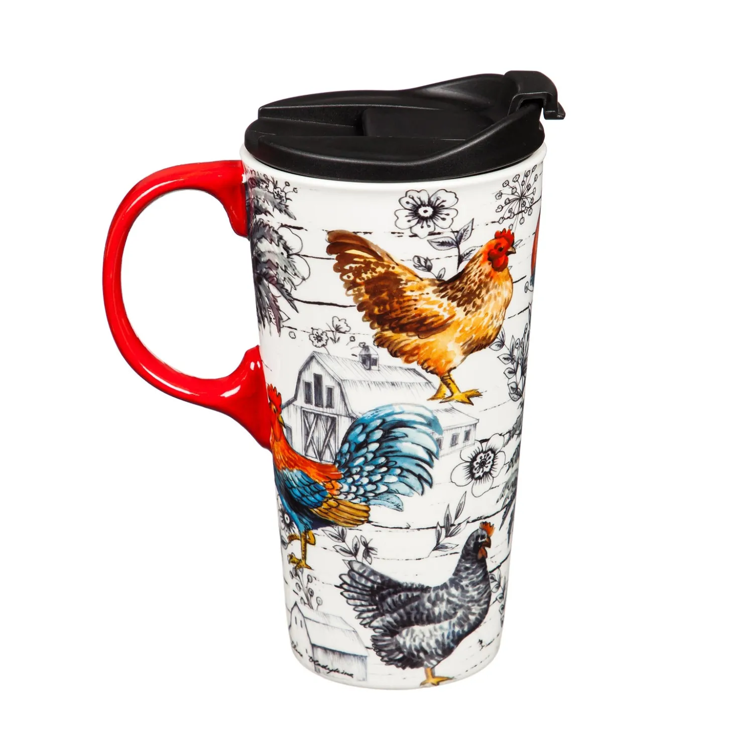 Travel Cups>Plow & Hearth Ceramic Travel Cup, 17 OZ. ,w/box, Chicken Collage