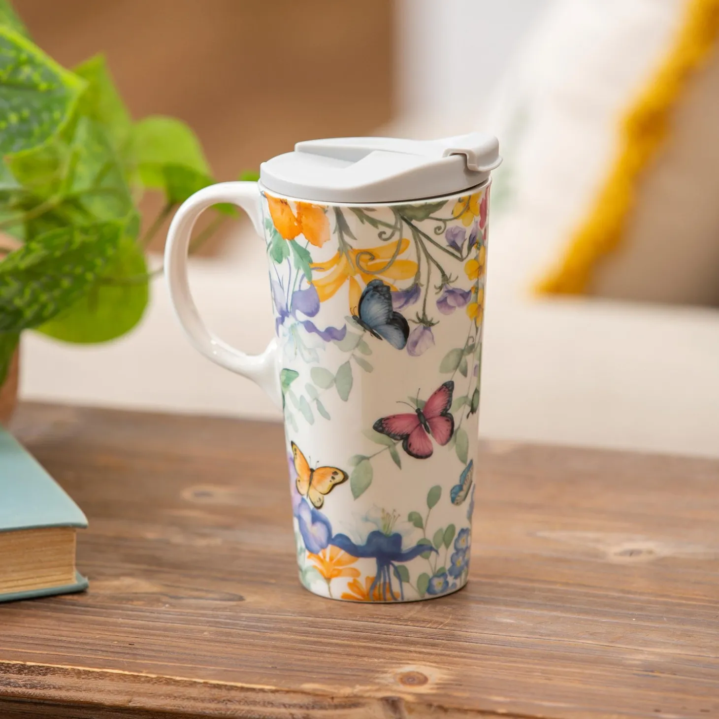 Travel Cups>Plow & Hearth Ceramic Travel Cup, 17 OZ. ,w/box, Cottage Meadows