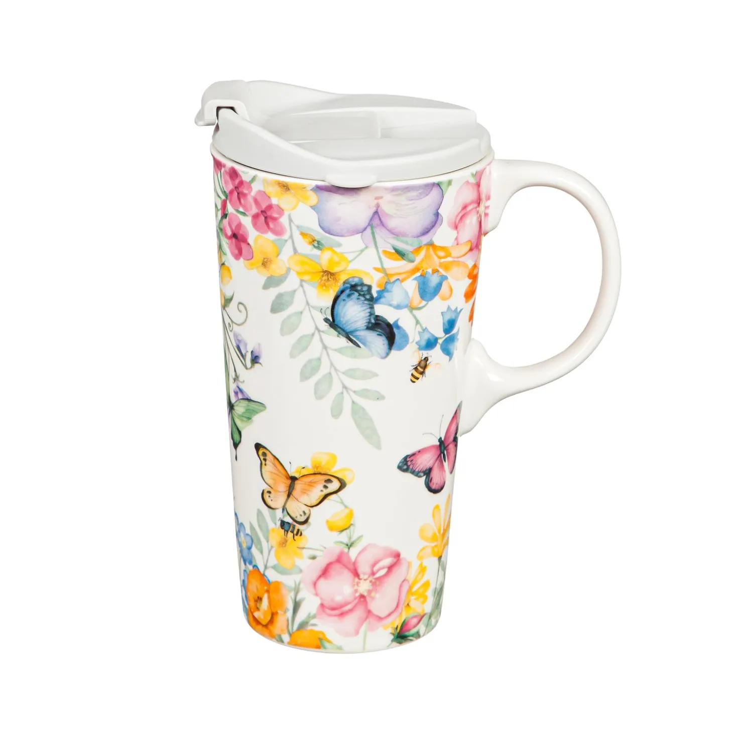 Travel Cups>Plow & Hearth Ceramic Travel Cup, 17 OZ. ,w/box, Cottage Meadows