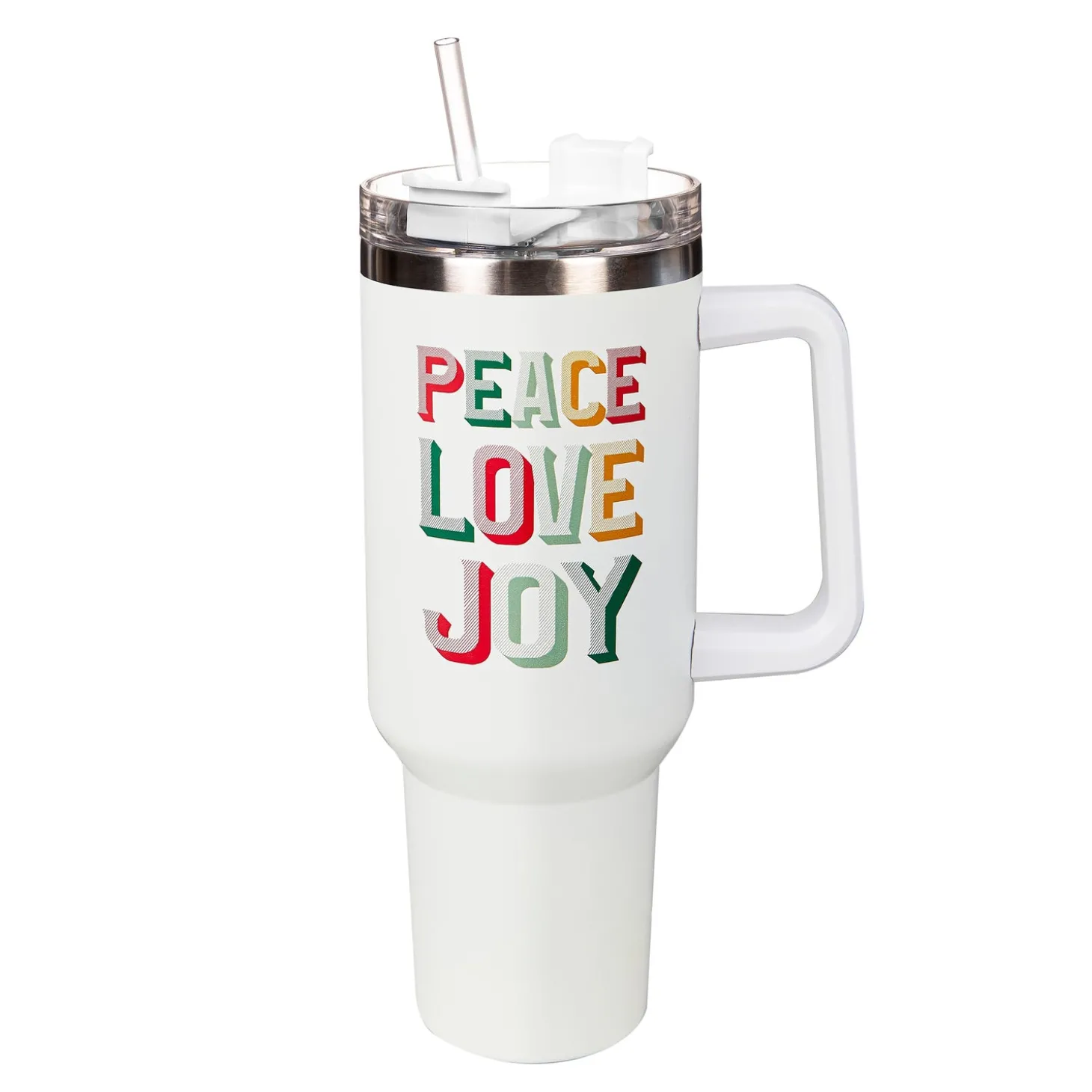 Travel Cups>Plow & Hearth Christmas Vacation Tumbler Stainless-Steel Canyon Cup w/ Straw, Peace Love Joy, 40oz, Gift Box