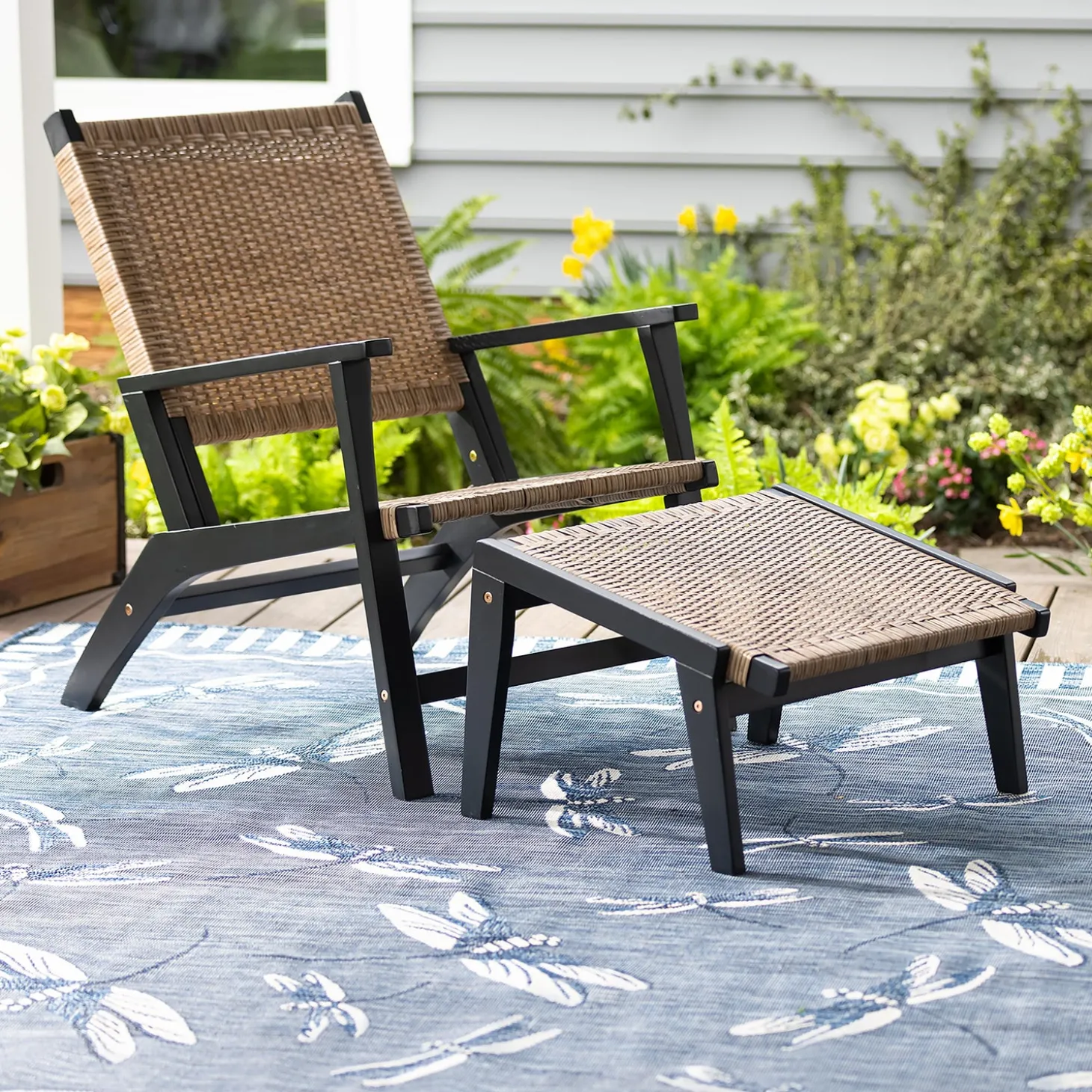 Chairs & Rockers | Rockers & Gliders>Plow & Hearth Claytor Eucalyptus Outdoor Furniture, Chair and Ottoman, 2-Piece Set Black