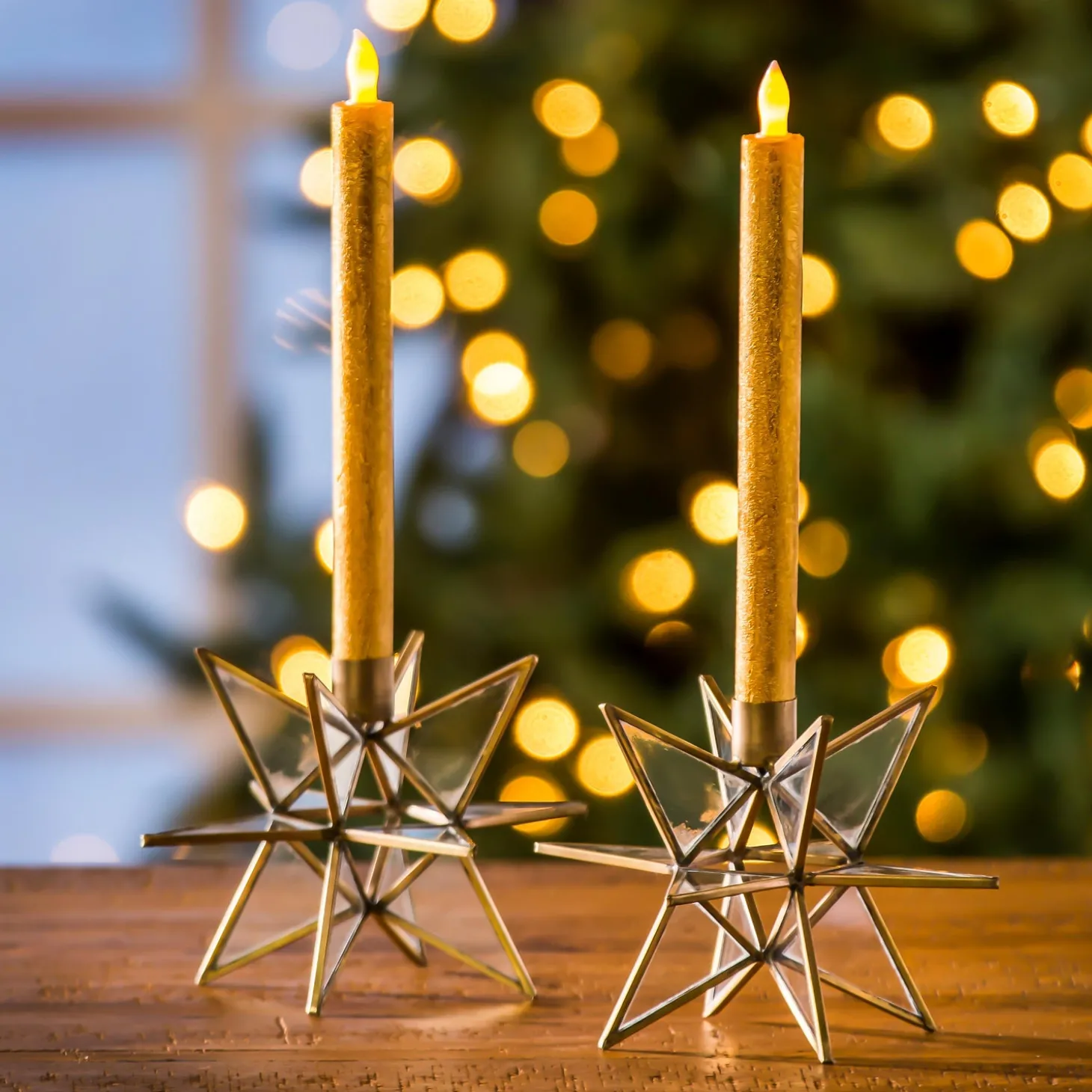 Candles & Lanterns>Plow & Hearth Clear Moravian Star Metal Taper Holder, Set of 2, Brass