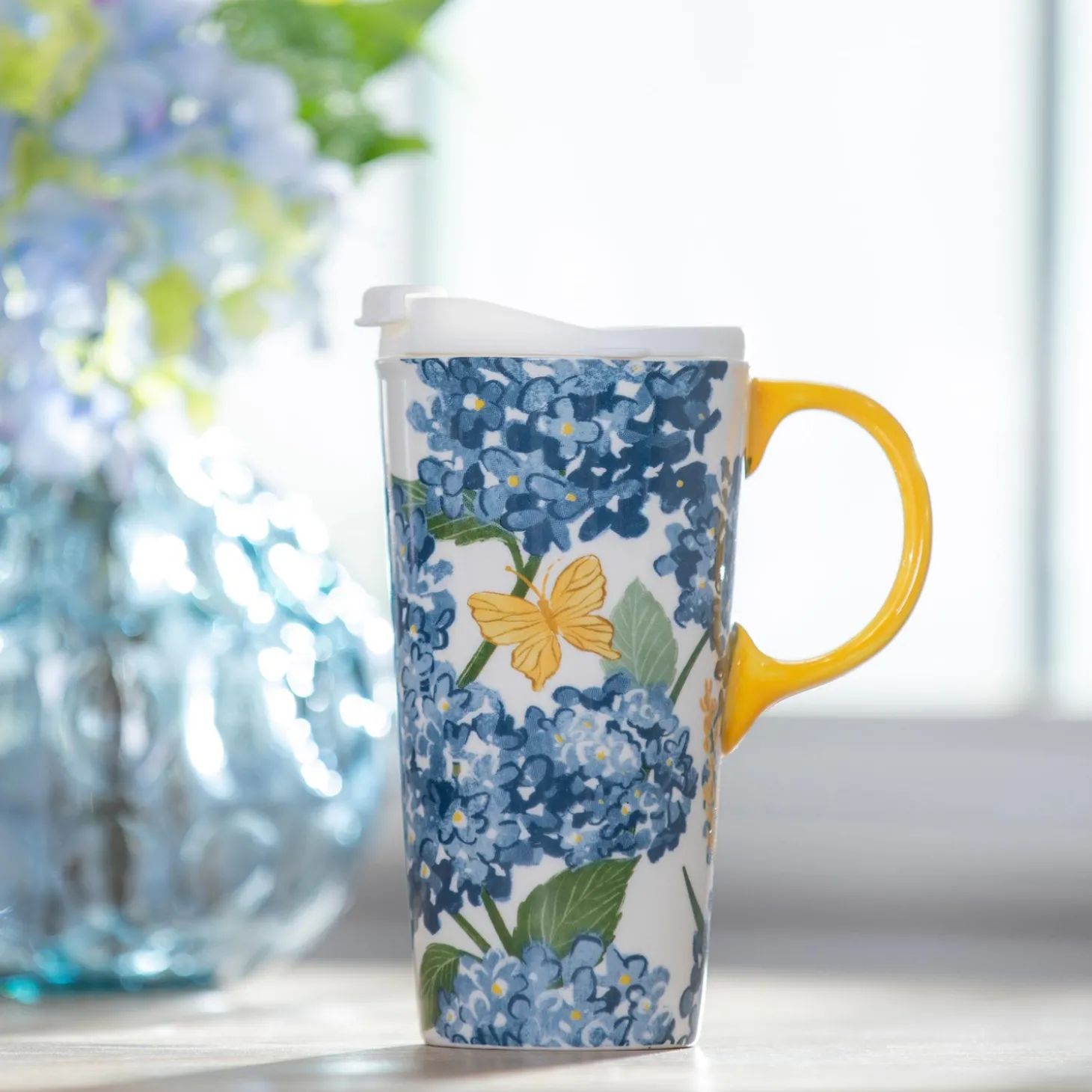 Travel Cups>Plow & Hearth Coastal Citrus Blue Hydrangeas Ceramic Perfect Cup, 17oz, Gift Box