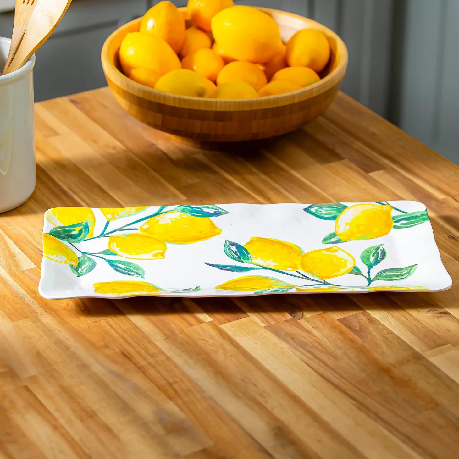 Plates & Platters>Plow & Hearth Coastal Citrus Melamine Rectangular Platter with Spreader Set, 14.25"