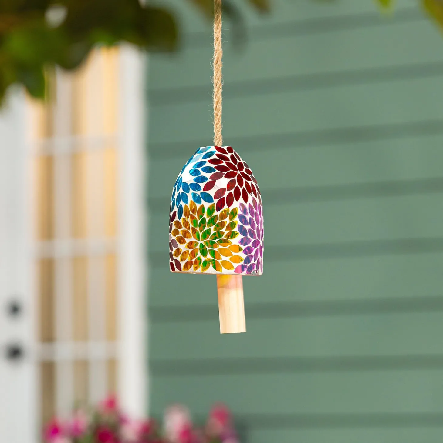 Wind Chimes & Mobiles>Plow & Hearth Colorful Flowers Mosaic Bell