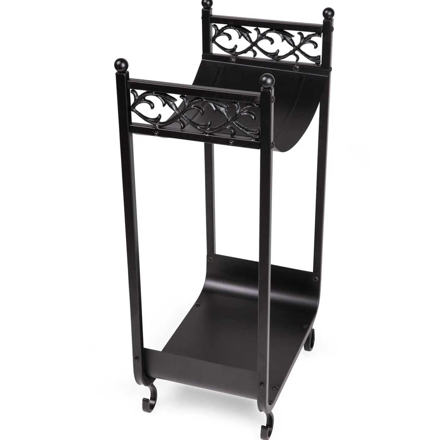 Fireplace Tool Sets | Wood Storage & Wood Racks>Plow & Hearth Compact Log Rack, Cast Iron with Scrollwork Design Black