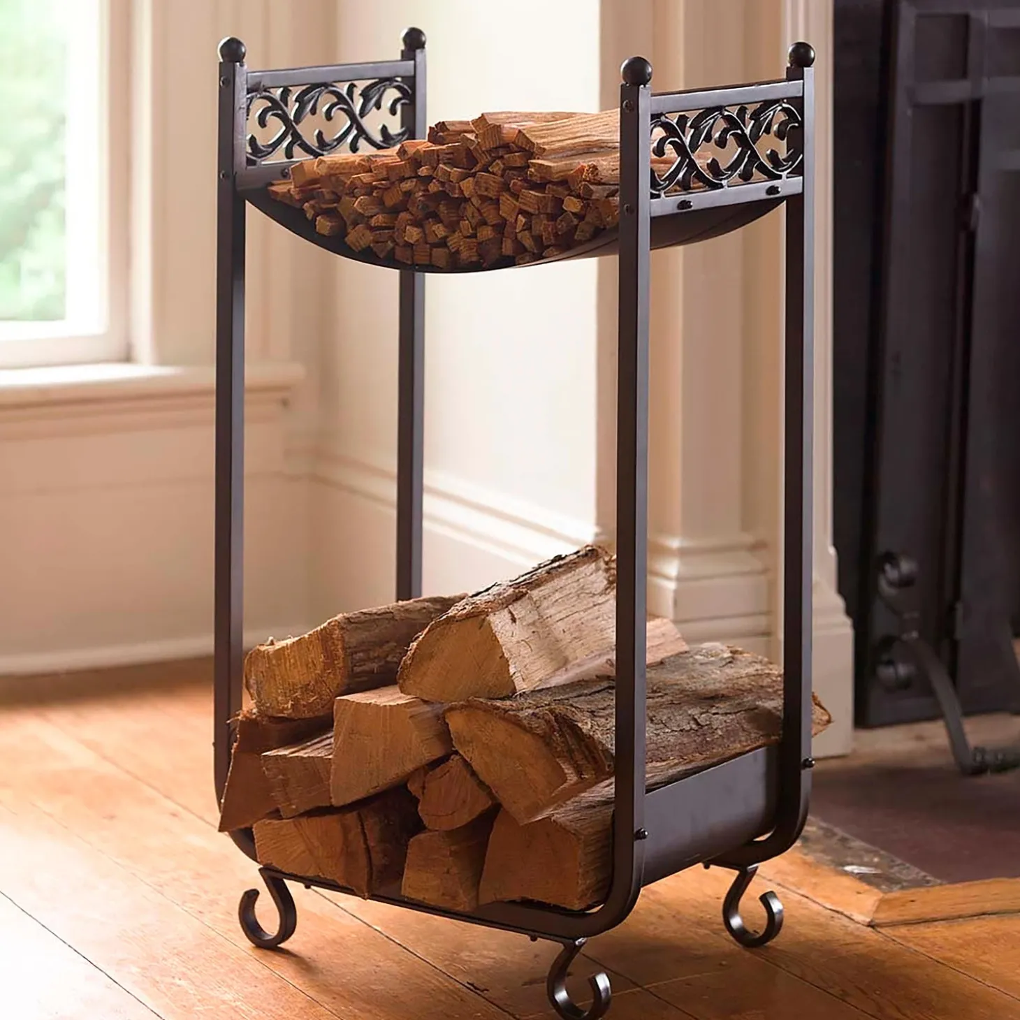 Fireplace Tool Sets | Wood Storage & Wood Racks>Plow & Hearth Compact Log Rack, Cast Iron with Scrollwork Design Black