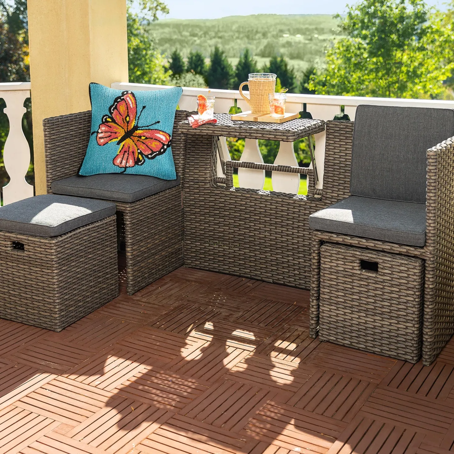 Outdoor Seating Sets>Plow & Hearth Compact Modular Wicker Balcony Seating Set with Multiple Configurations AntiqueBrown