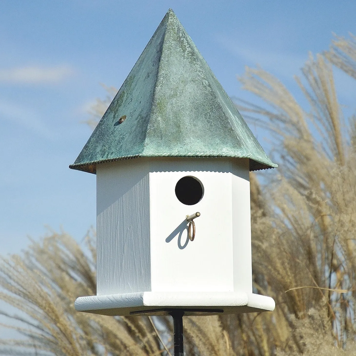 Birdhouses>Plow & Hearth Copper Songbird Deluxe Birdhouse with Verdigris Patina Roof