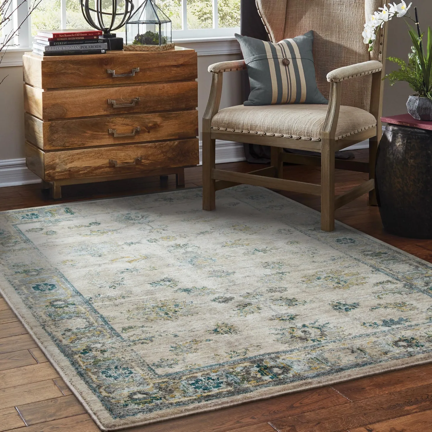 Area Rugs>Plow & Hearth Covington and Blue Antiqued Floral Rug, 7'10" x 10'10" Ivory