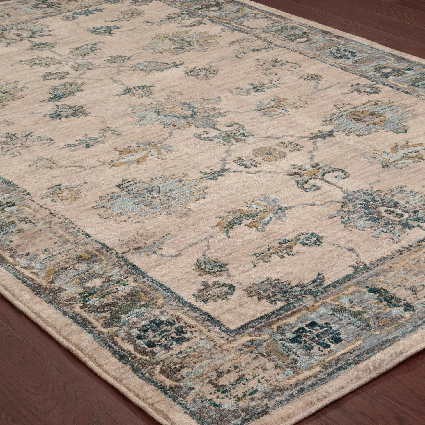 Area Rugs>Plow & Hearth Covington and Blue Antiqued Floral Rug, 7'10" x 10'10" Ivory