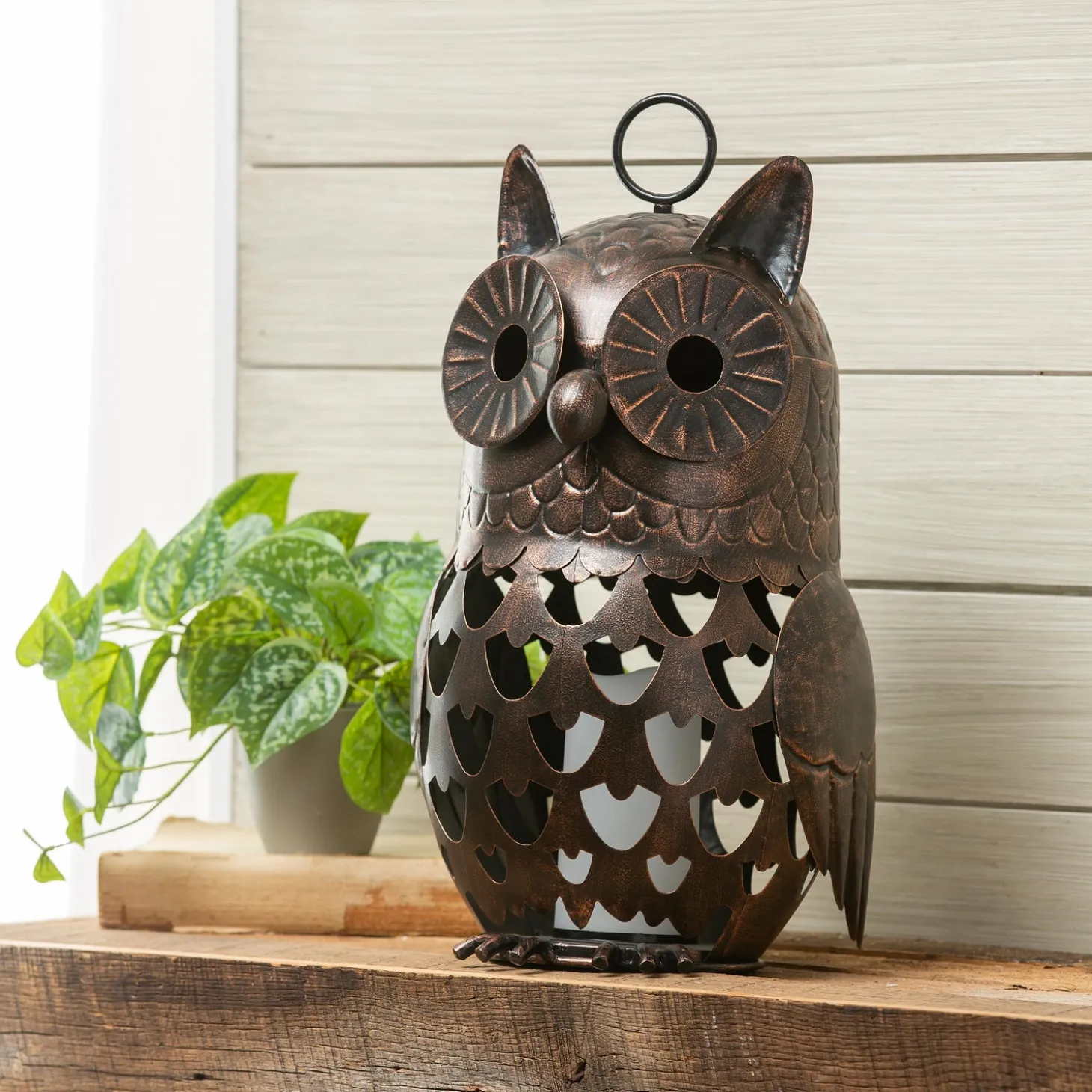 Decorative Accents | Lighted Accents>Plow & Hearth Crafted Metal LED Owl Lantern