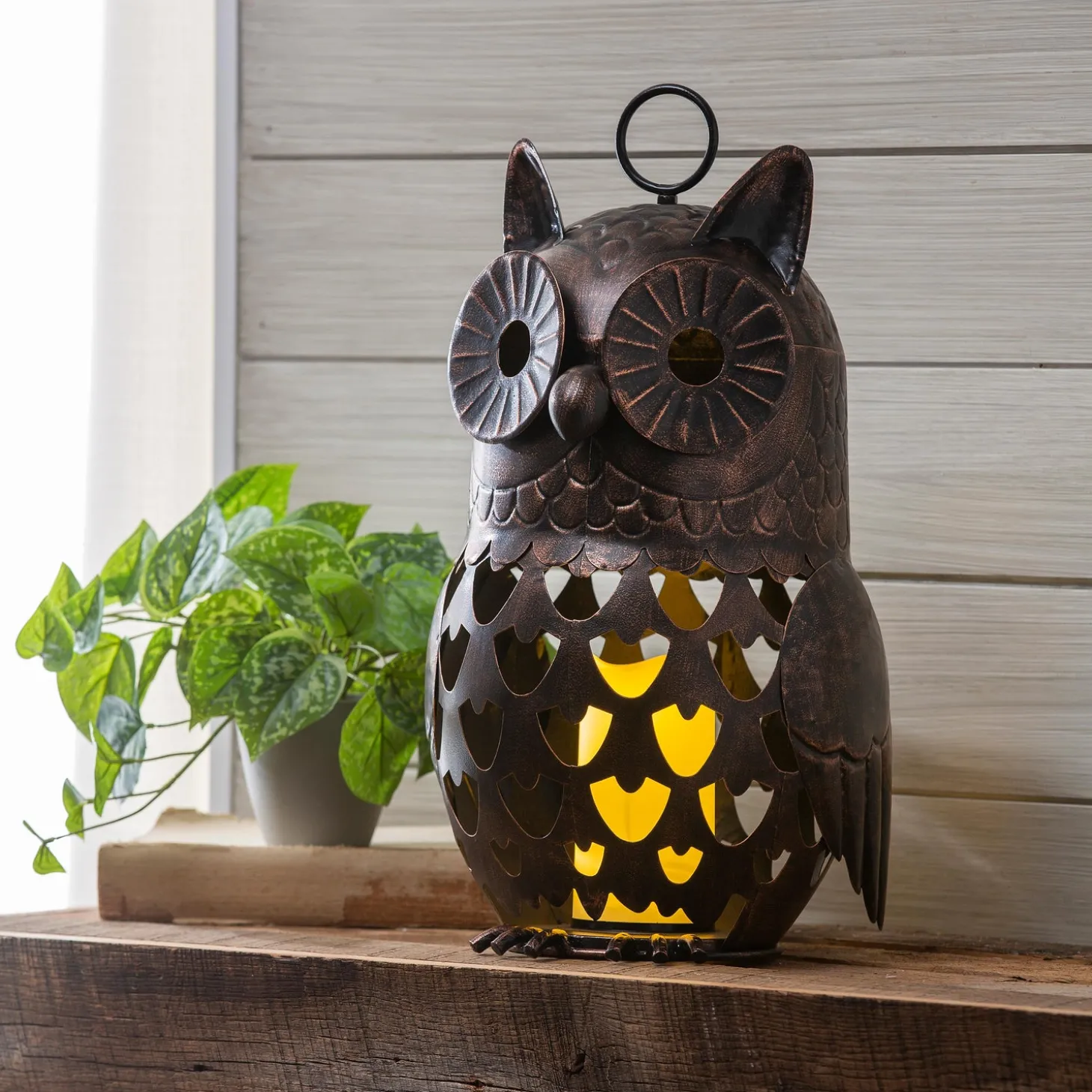 Decorative Accents | Lighted Accents>Plow & Hearth Crafted Metal LED Owl Lantern