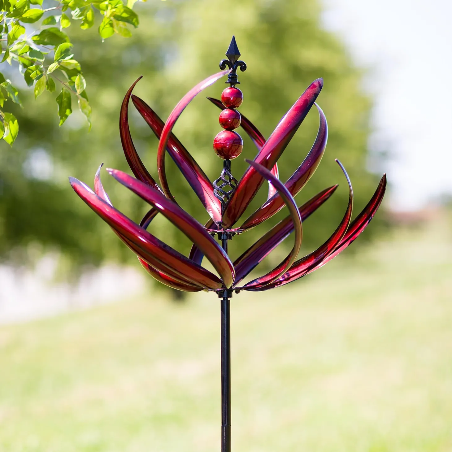 Wind Spinners>Plow & Hearth Crimson Lotus Metal Wind Spinner