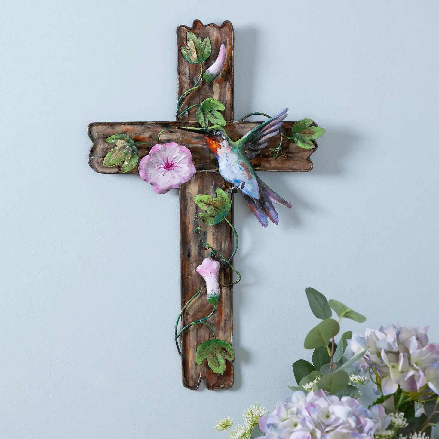Memorial & Garden Plaques | Wall Art>Plow & Hearth Cross with Flowers & Hummingbird Wall Décor, 12" L x 20" H