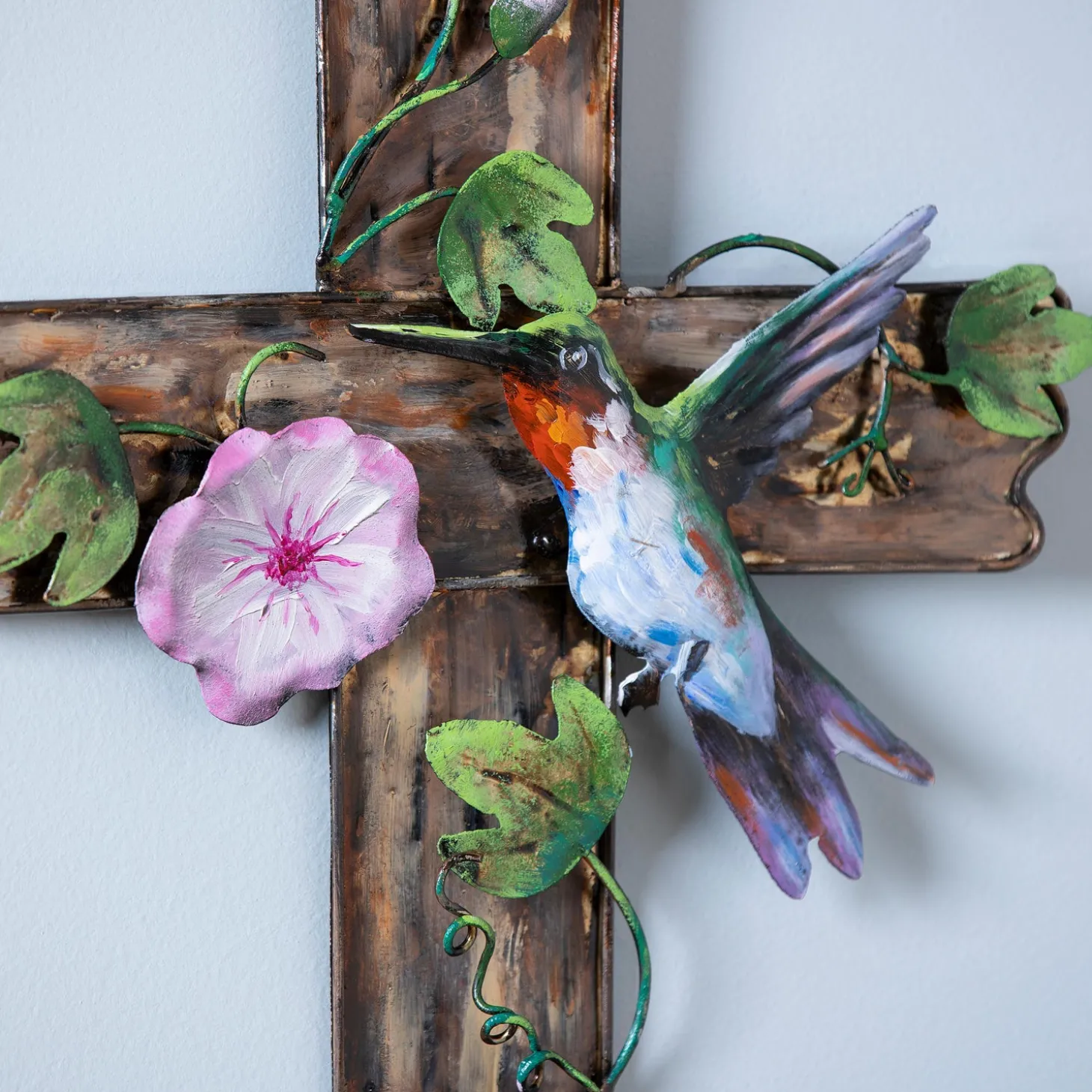 Memorial & Garden Plaques | Wall Art>Plow & Hearth Cross with Flowers & Hummingbird Wall Décor, 12" L x 20" H