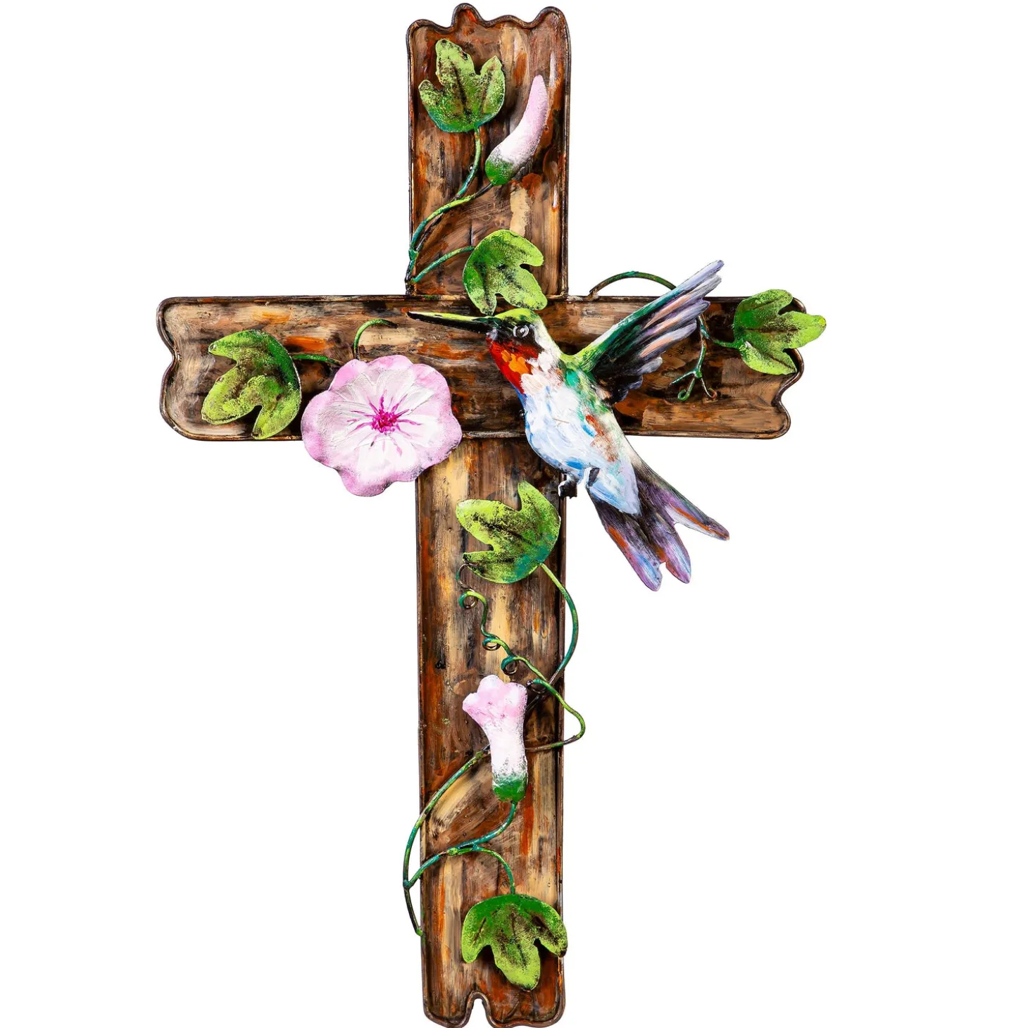 Memorial & Garden Plaques | Wall Art>Plow & Hearth Cross with Flowers & Hummingbird Wall Décor, 12" L x 20" H