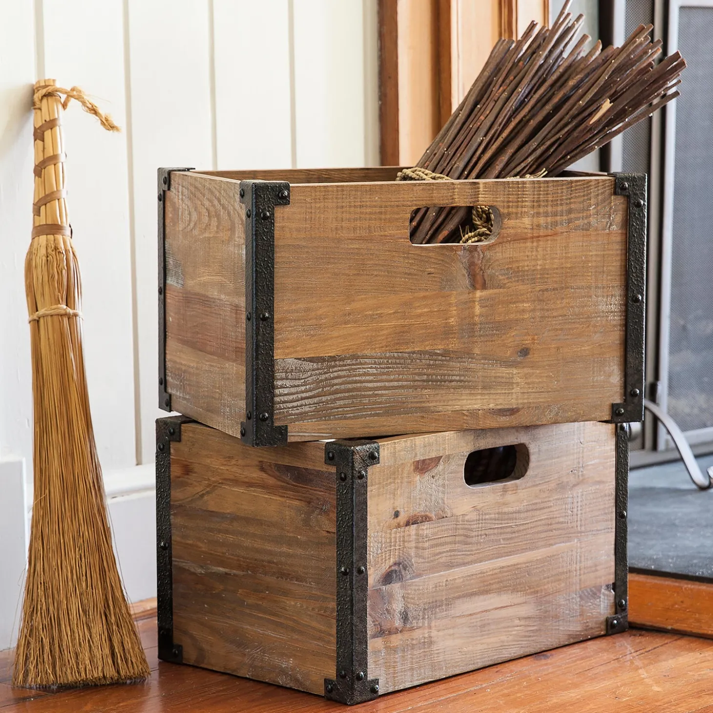 Chests & Storage Cabinets | Canisters & Storage>Plow & Hearth Deep Creek Rustic Wood Storage Crates, Set of 2