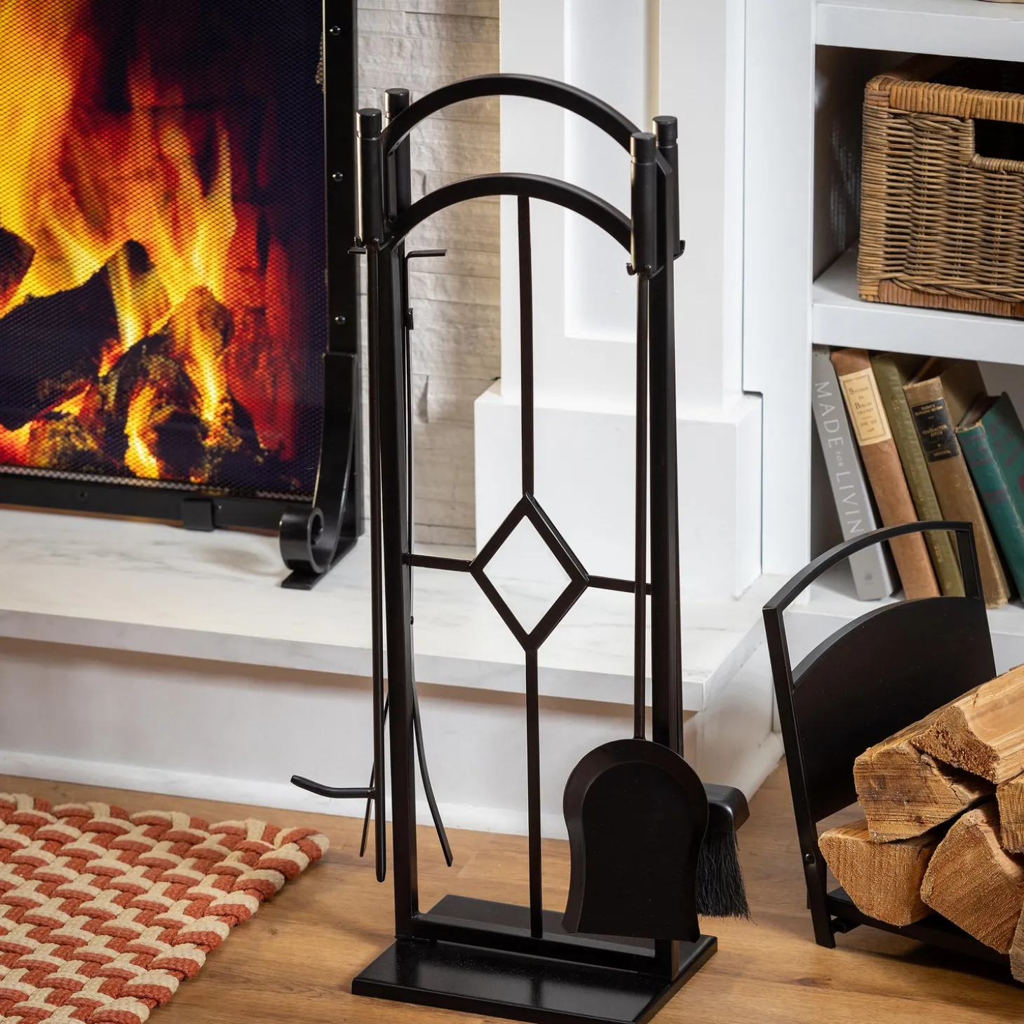 Wood Handling Tools | Wood Storage & Wood Racks>Plow & Hearth Diamond 5 Piece Fireplace Toolset