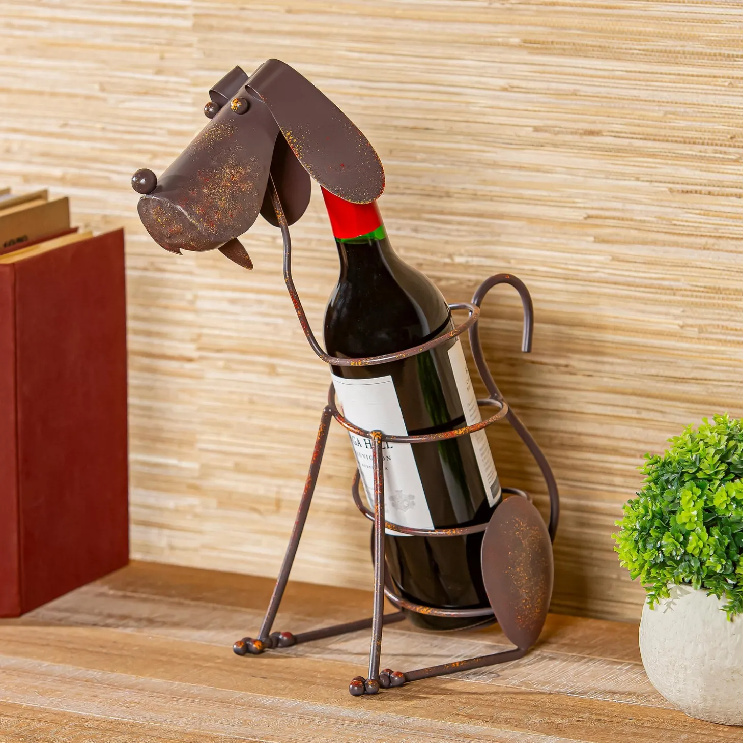 Wine Racks>Plow & Hearth Dog Metal Wine Bottle Holder, 14" H