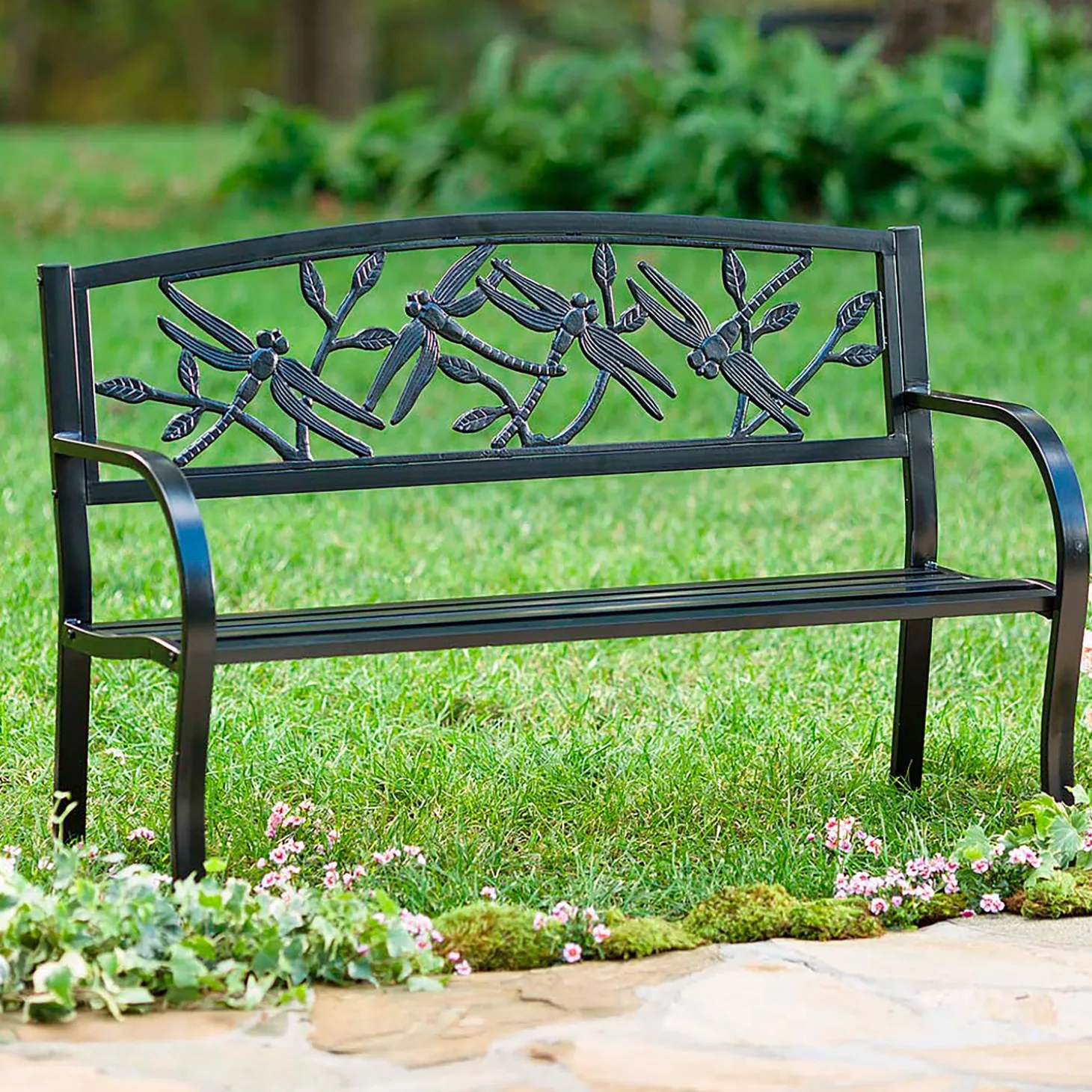 Outdoor Benches>Plow & Hearth Dragonfly Metal Garden Bench Black