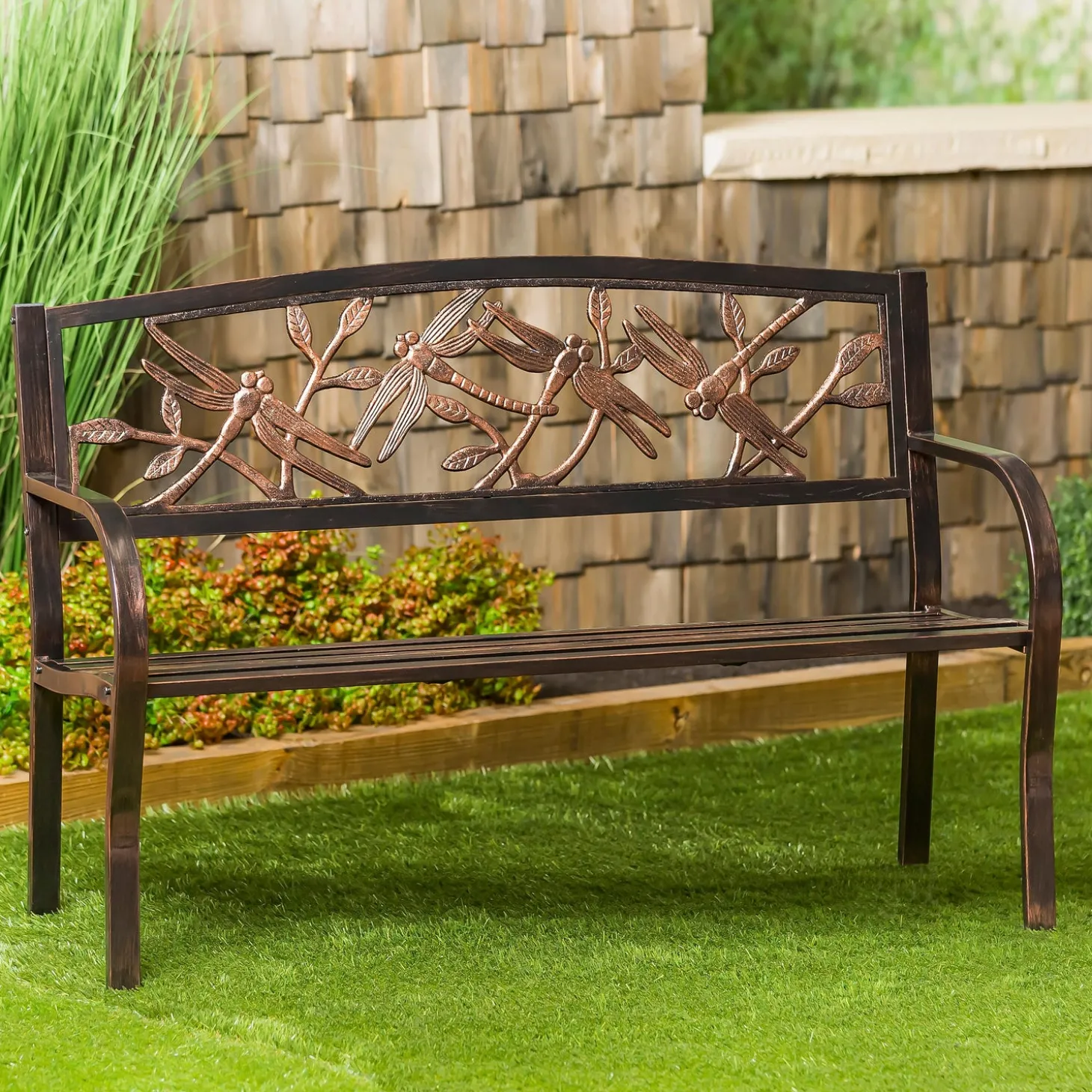 Outdoor Benches>Plow & Hearth Dragonfly Metal Garden Bench, Bronze