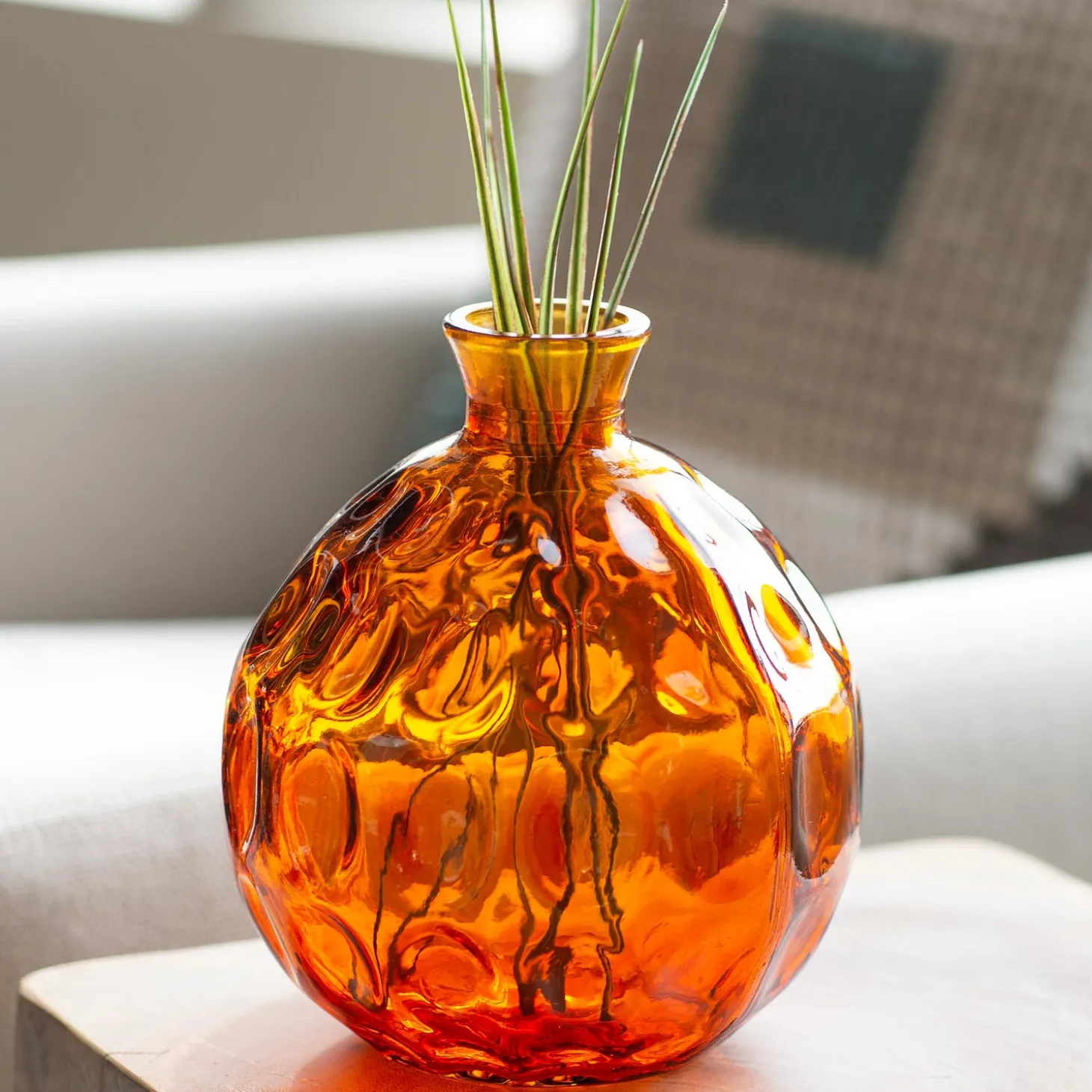 Planters & Vases>Plow & Hearth Dune Round Recycled Dimpled Glass Vase, 7.5"H