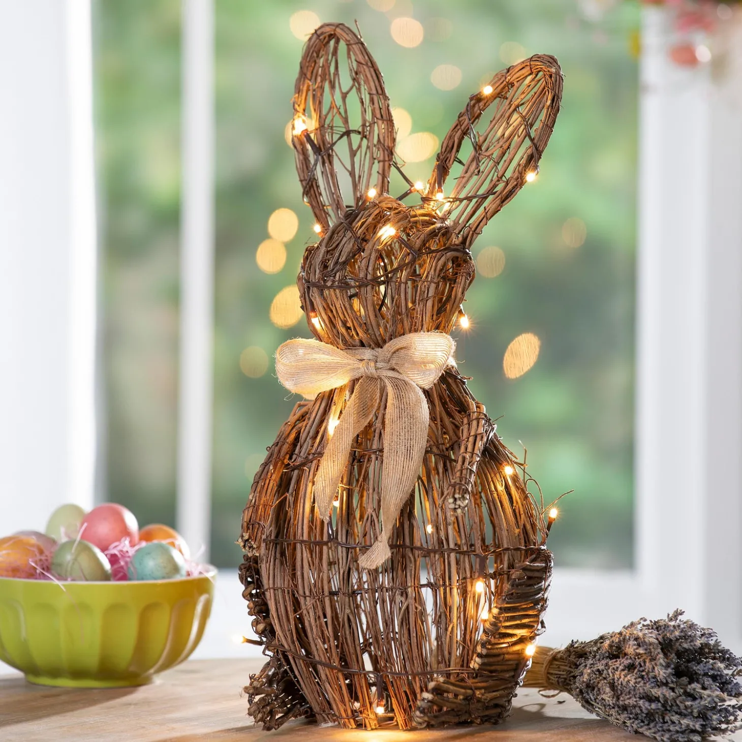 Decorative Accents | Lighted Accents>Plow & Hearth Easter Rattan Bunny LED Decor, 18.5"H