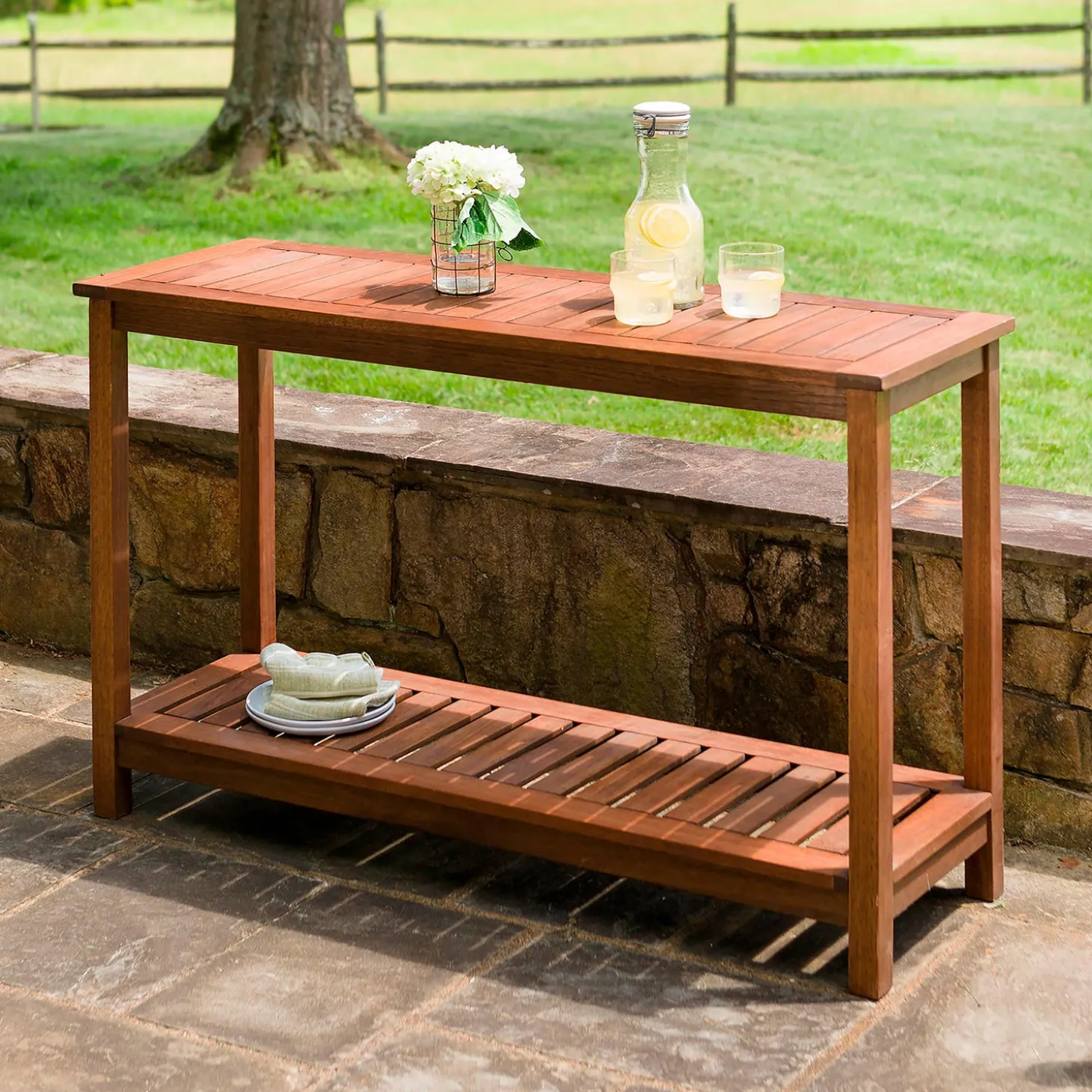 Outdoor Dining Sets | Outdoor Side Tables>Plow & Hearth Eucalyptus Wood Console Table, Lancaster Outdoor Furniture Collection Natural