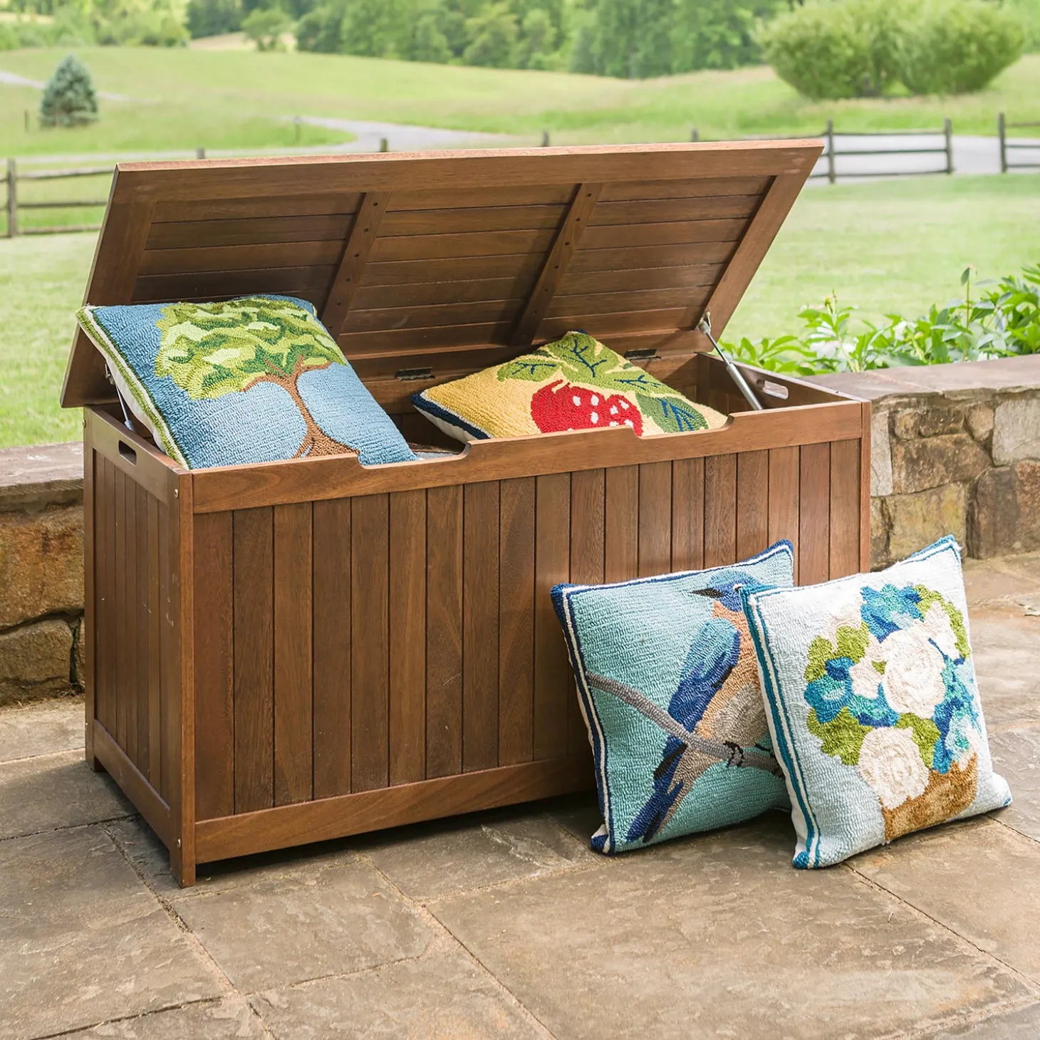 Outdoor Benches>Plow & Hearth Eucalyptus Wood Storage Box, Lancaster Outdoor Furniture Collection Natural