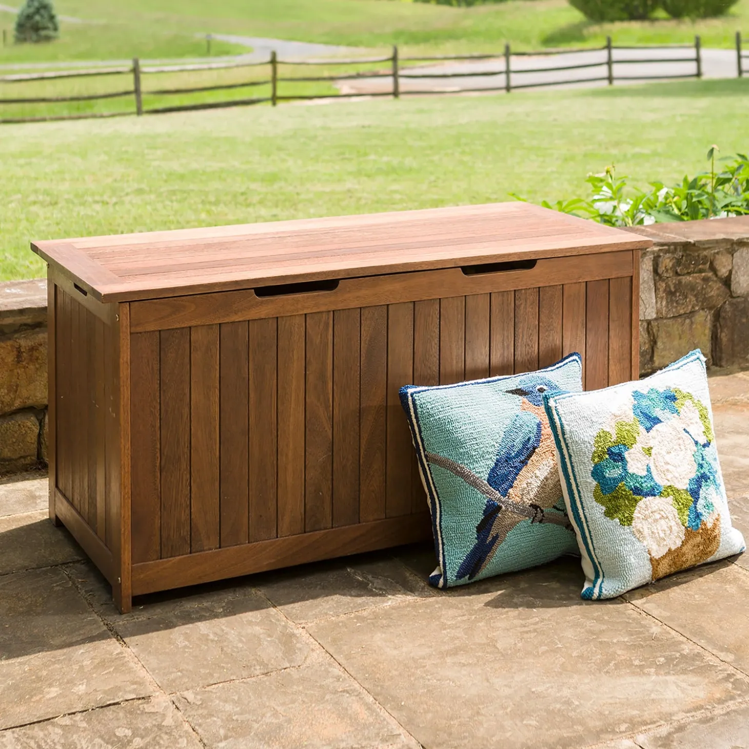 Outdoor Benches>Plow & Hearth Eucalyptus Wood Storage Box, Lancaster Outdoor Furniture Collection Natural
