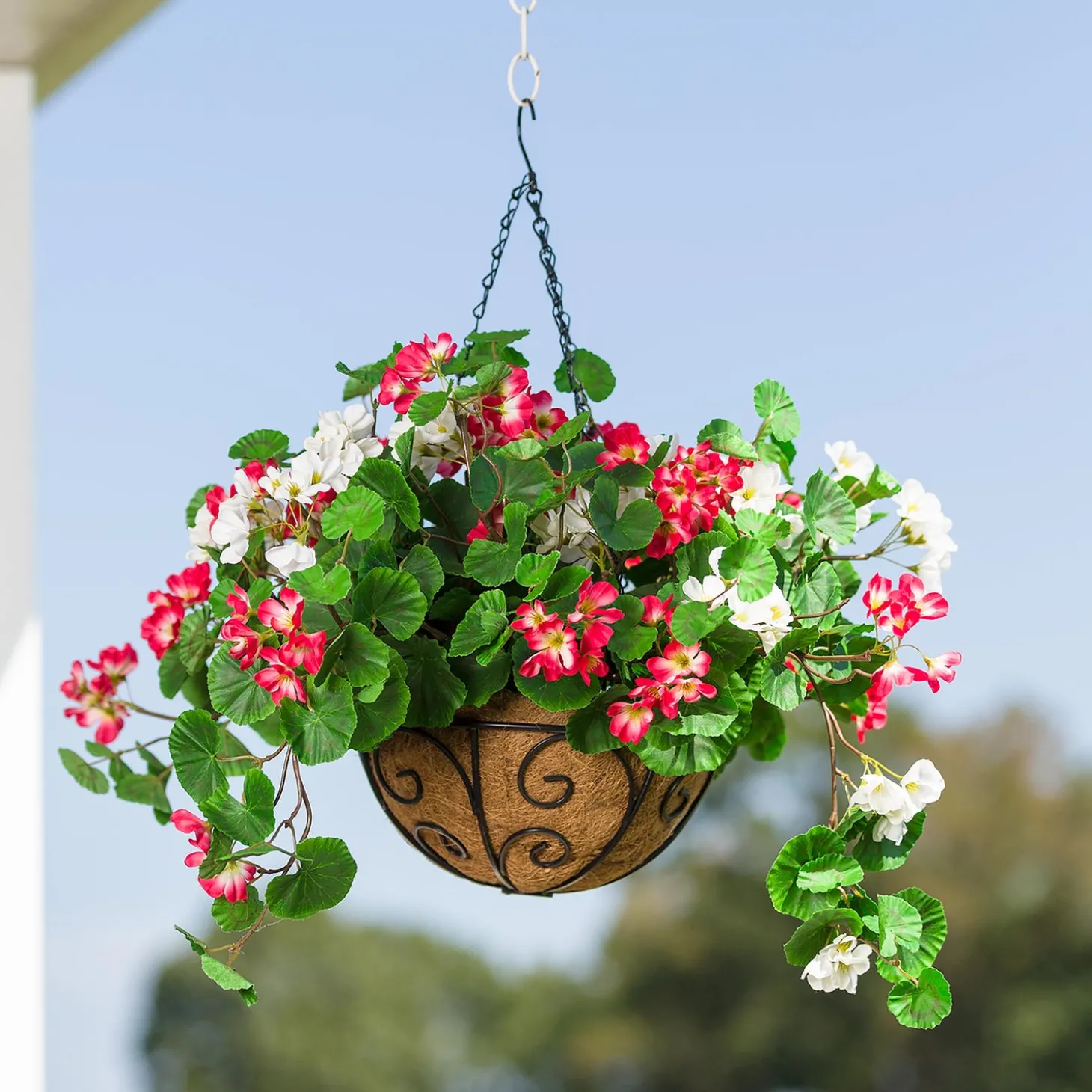 Planters & Plant Stands | Faux Flowers & Plants>Plow & Hearth Everlasting Faux Red and White Geranium Hanging Basket