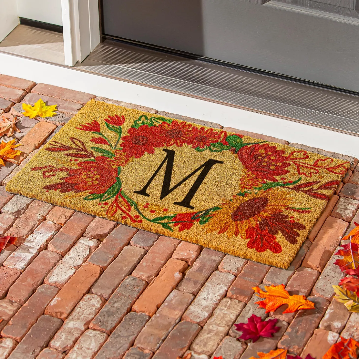 Coir Mats>Plow & Hearth Fall Flowers Monogram Coir Mat