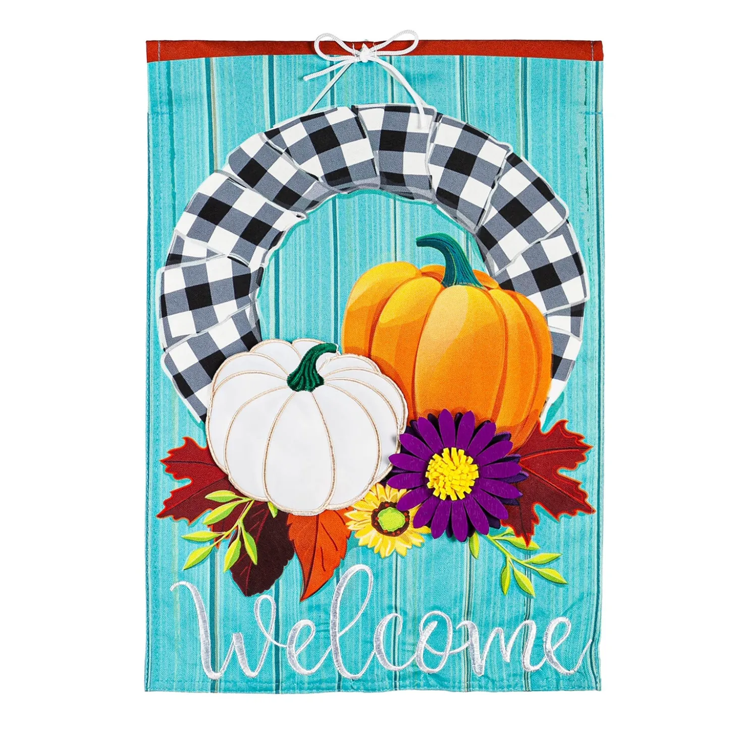 Garden Flags>Plow & Hearth Fall Wreath and Buffalo Check Linen Garden Flag