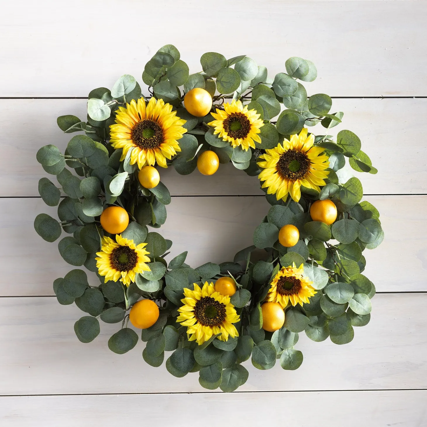 Wreaths | Faux Flowers & Plants>Plow & Hearth Faux Sunflower, Lemon and Eucalyptus Wreath