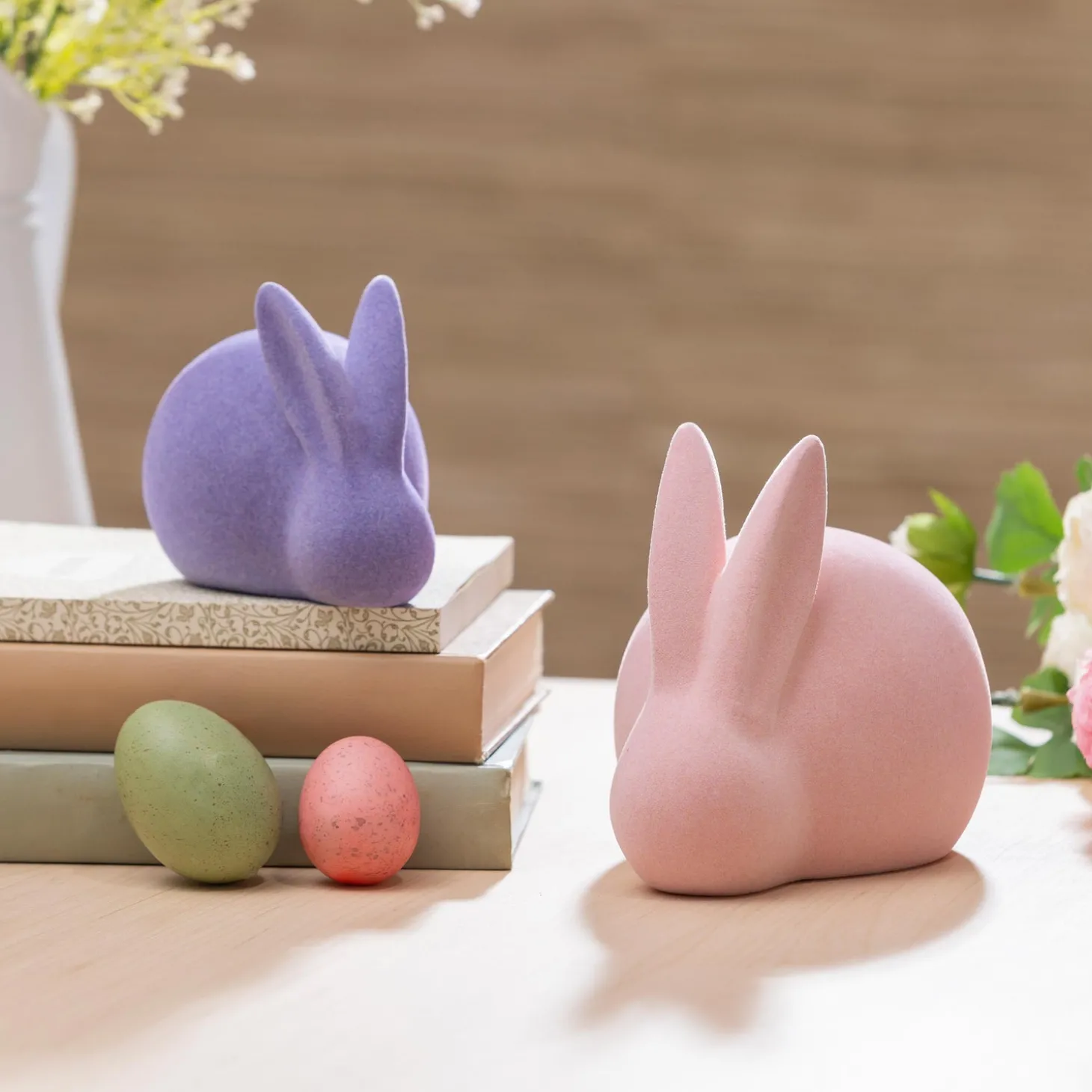 Decorative Accents>Plow & Hearth Flocked Bunny Ceramic Table Decor Set