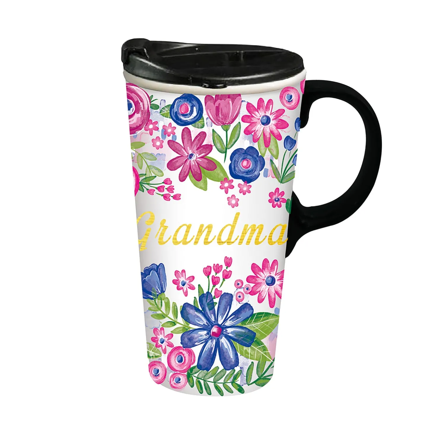 Coffee & Tea Cups | Travel Cups>Plow & Hearth Floral 17 oz. Ceramic Travel Cup in Gift Box