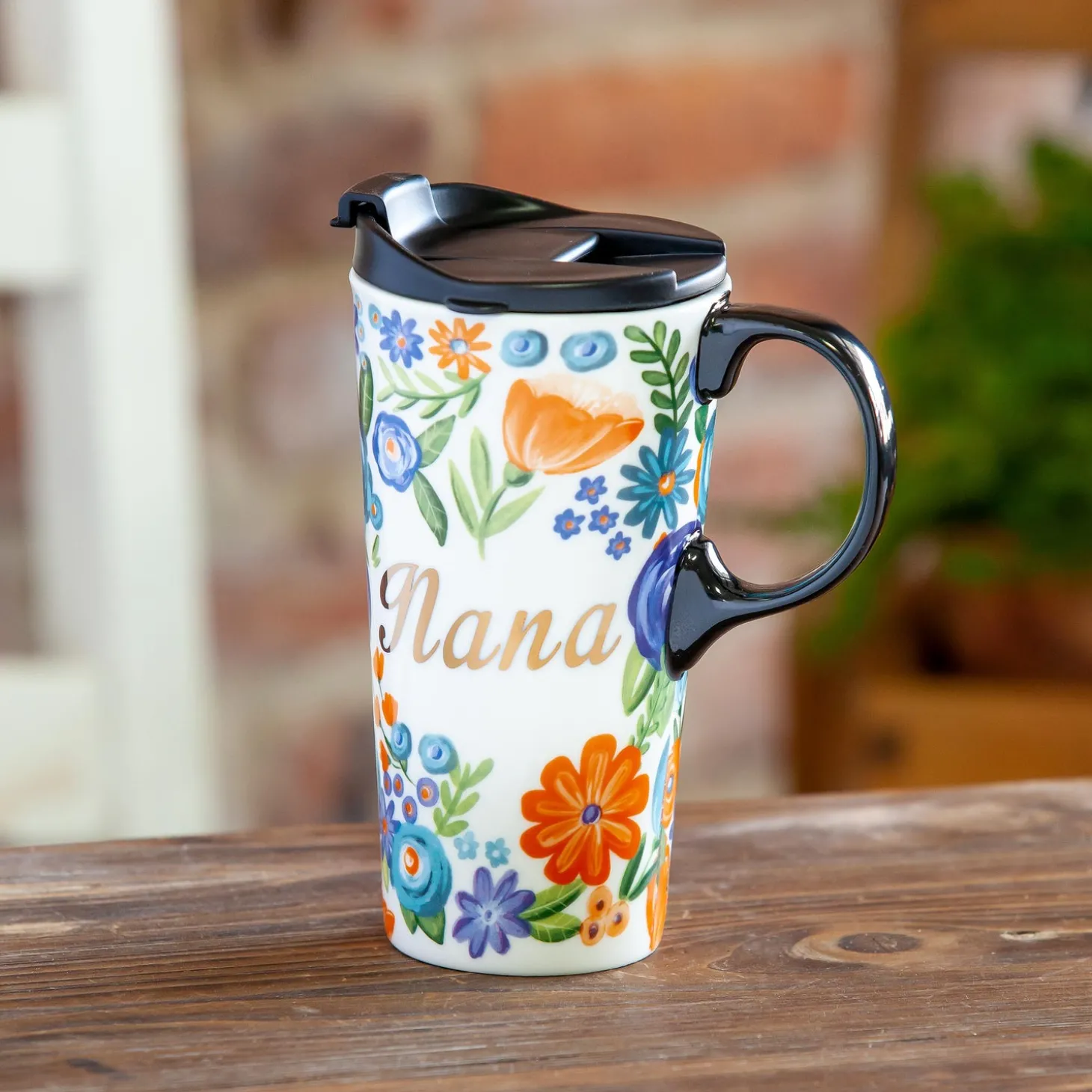 Coffee & Tea Cups | Travel Cups>Plow & Hearth Floral 17 oz. Ceramic Travel Cup in Gift Box