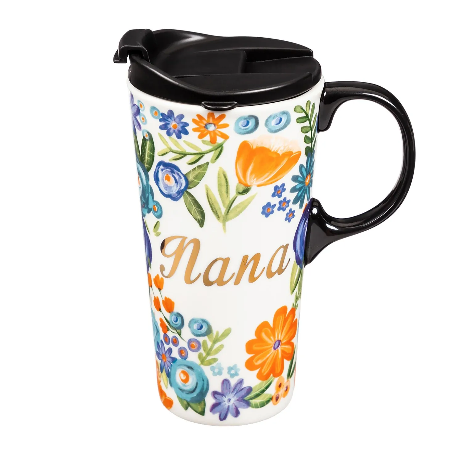 Coffee & Tea Cups | Travel Cups>Plow & Hearth Floral 17 oz. Ceramic Travel Cup in Gift Box