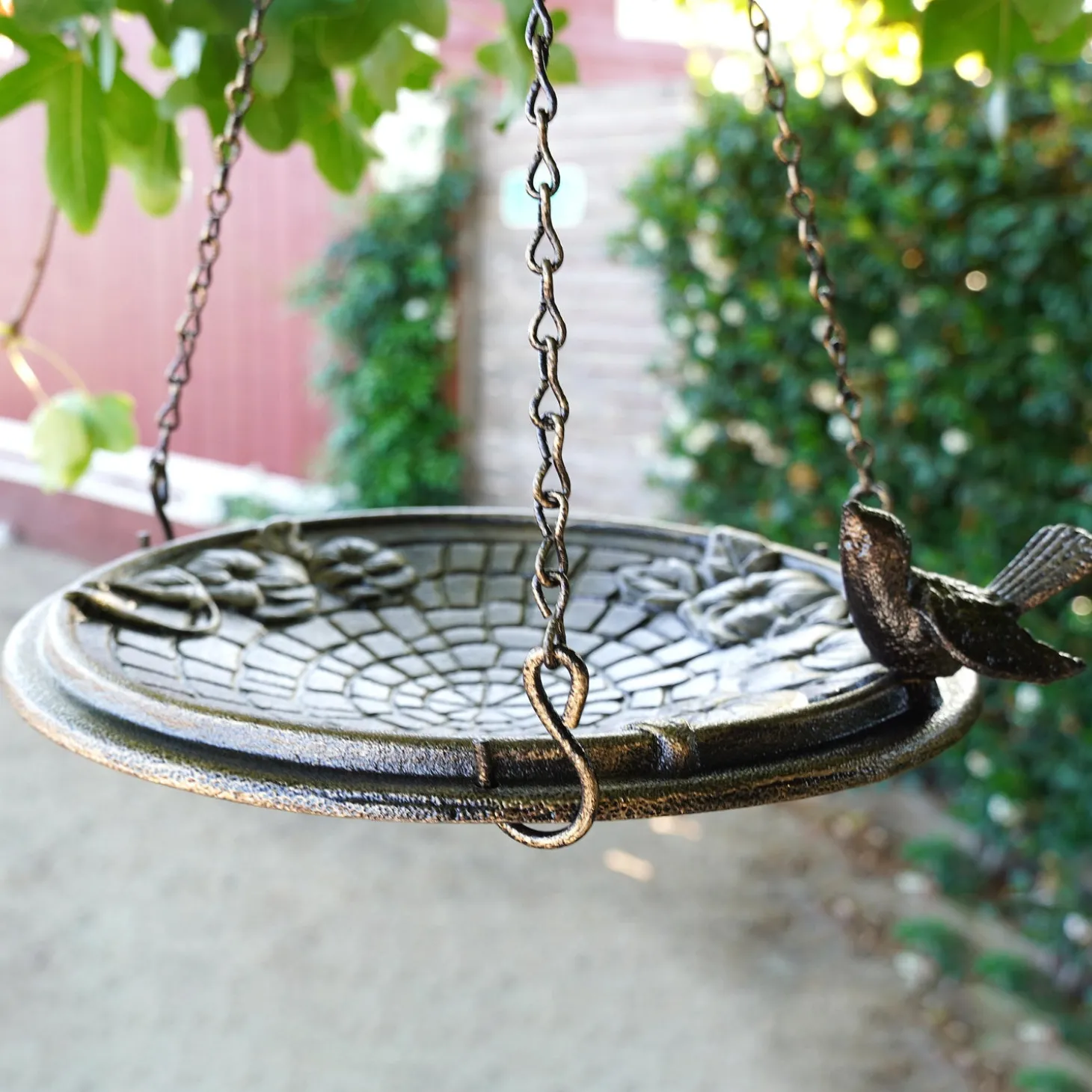 Birdbaths>Plow & Hearth Floral Cobblestone Motif Hanging Metal Birdbath