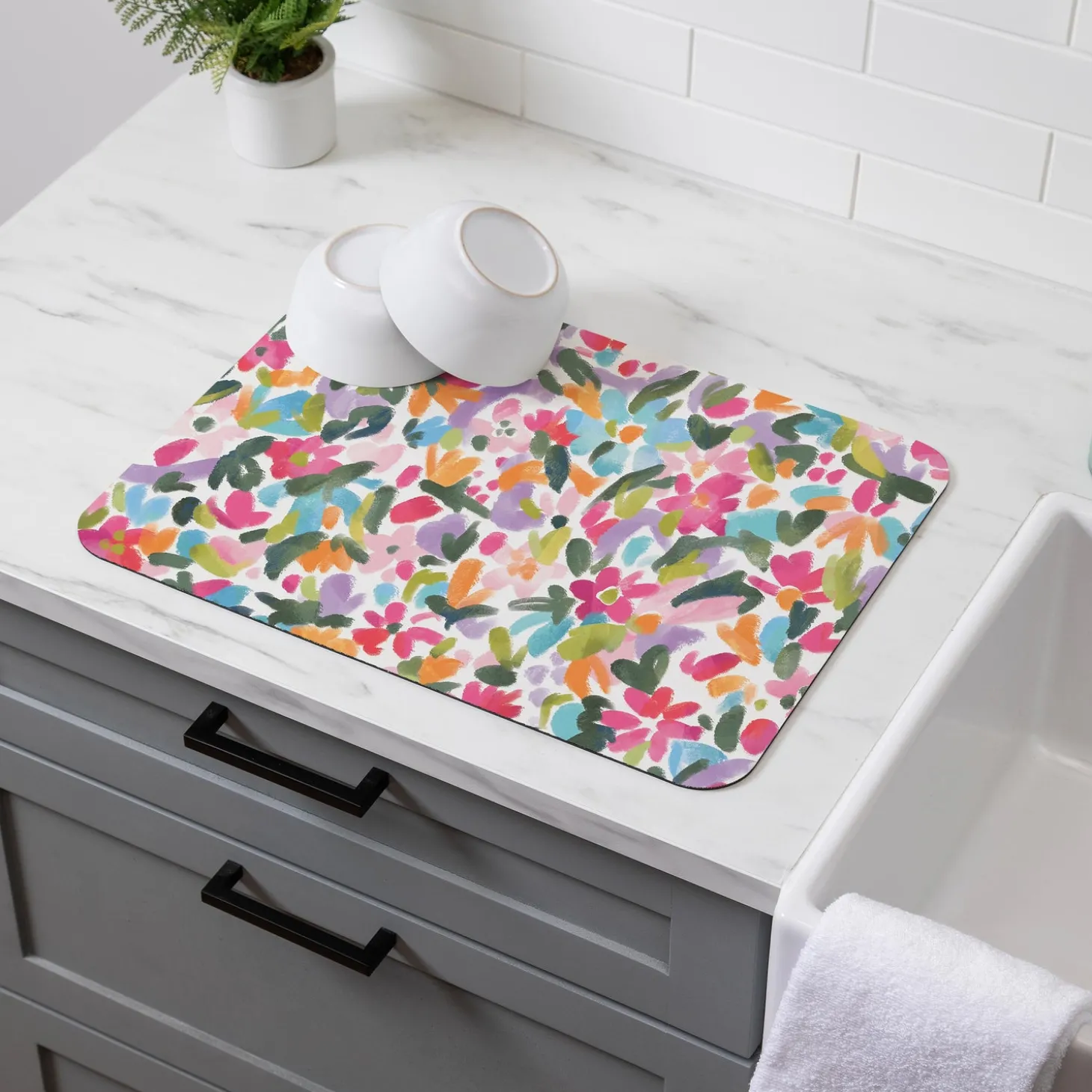 Kitchen Linens | Cleaning Supplies>Plow & Hearth Floral In Bloom Fabric Dish Drying Mat, 20" x 15"