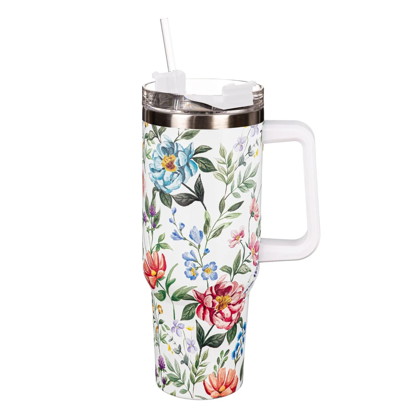 Travel Cups>Plow & Hearth Floral Spray Canyon Cup, Double Wall Stainless Steel w/ Straw, 40oz, Gift Box