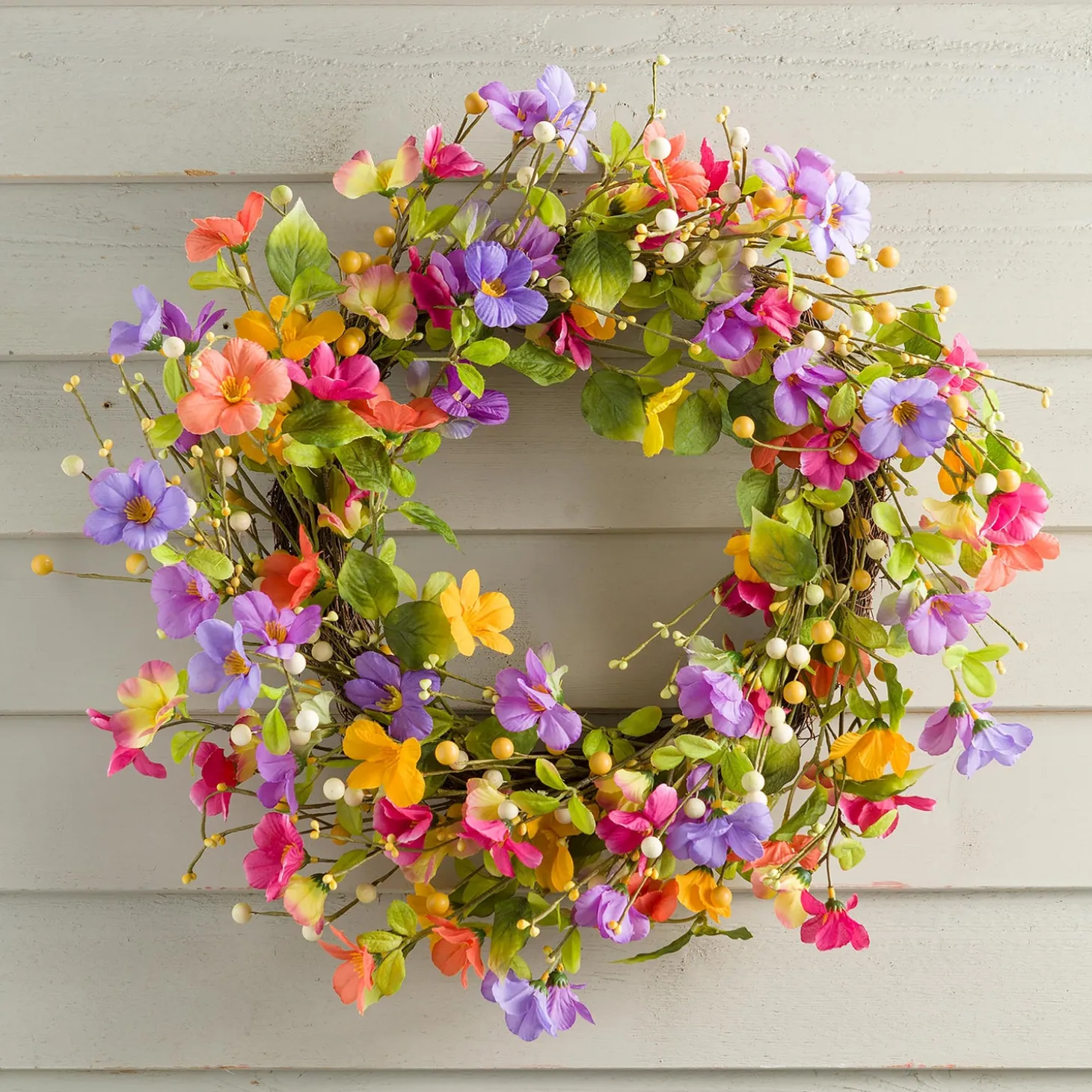 Wreaths | Faux Flowers & Plants>Plow & Hearth Floral Watercolor Wreath with Faux Pansies and Violets