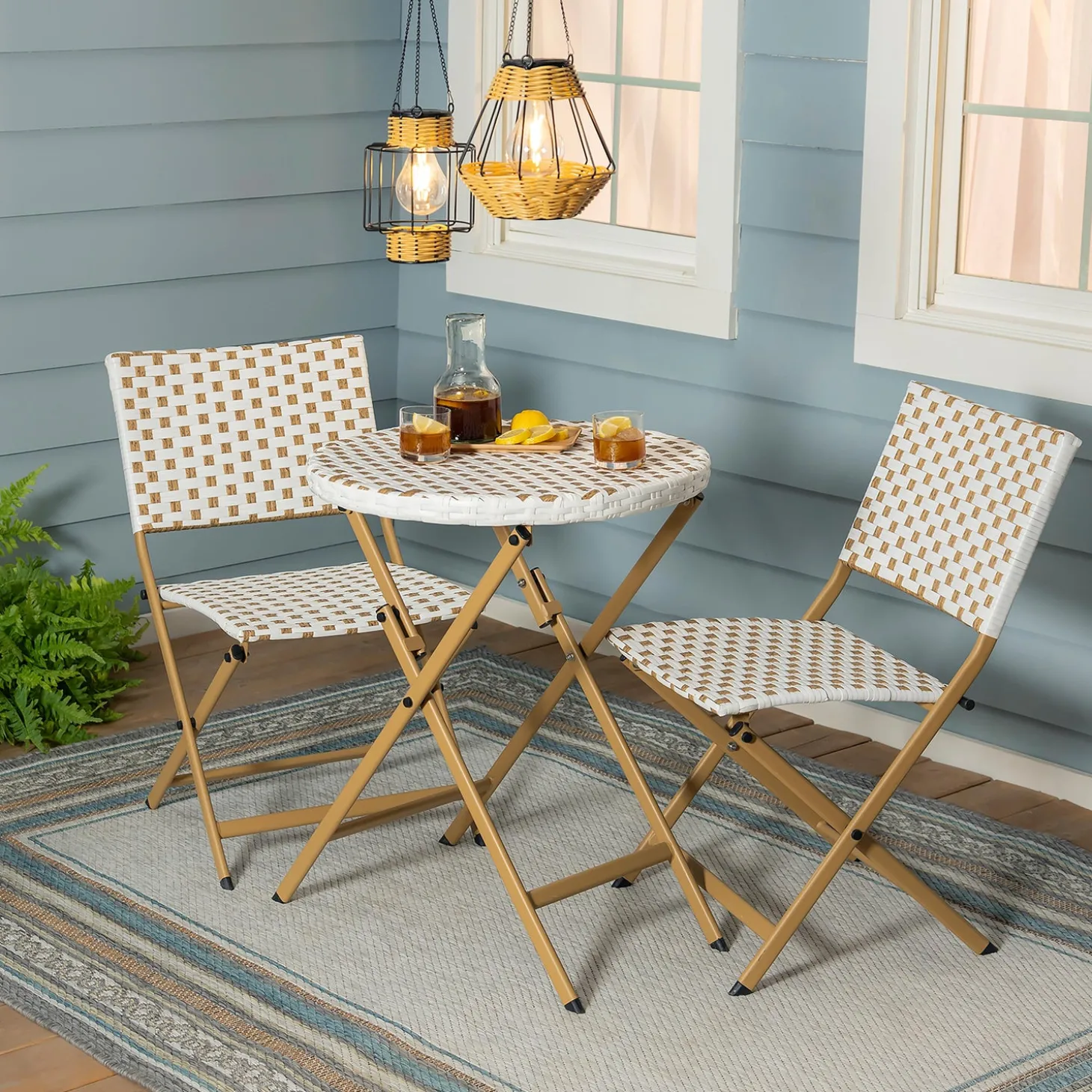 Outdoor Dining Sets>Plow & Hearth Folding Wicker 3-Piece Bistro Set Natural