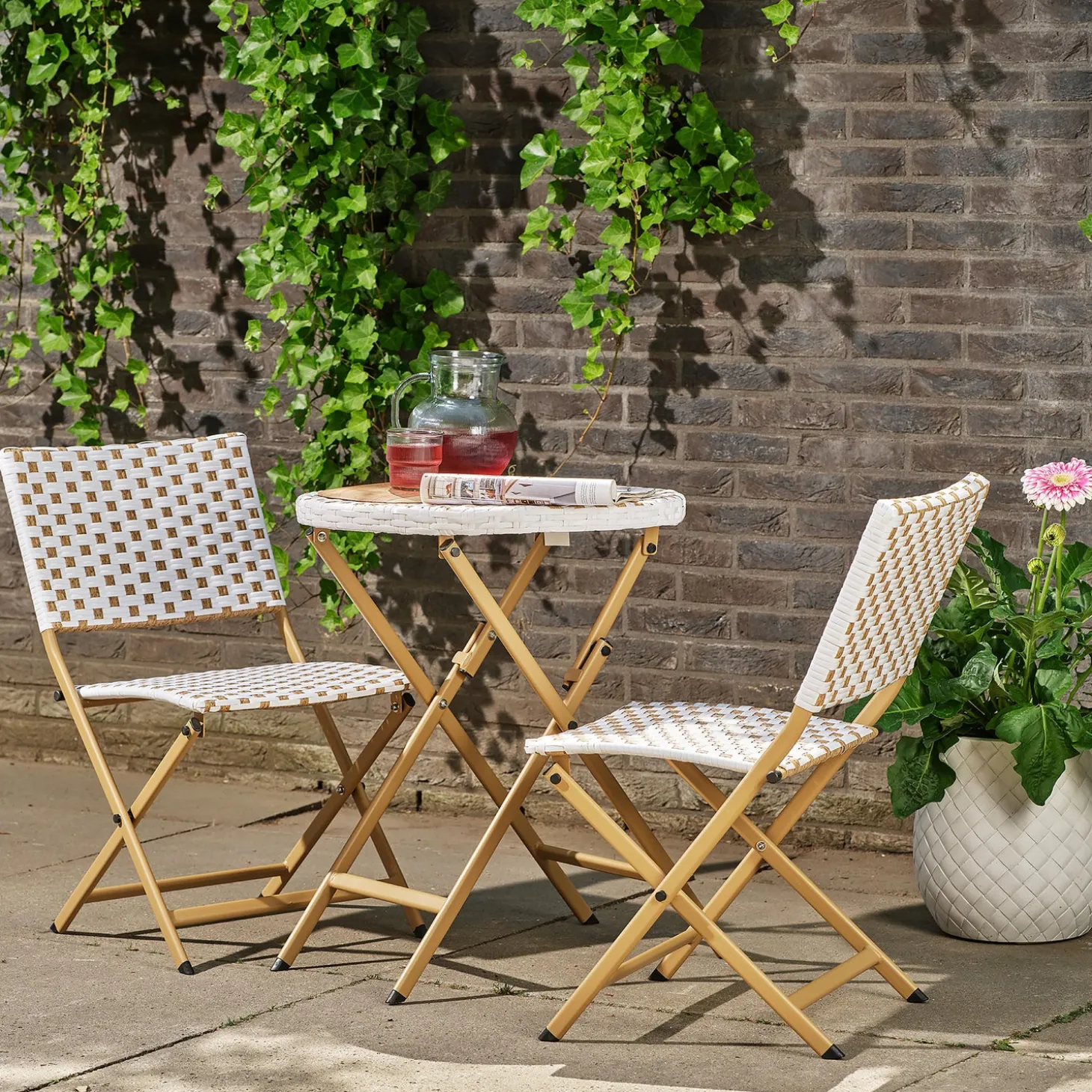 Outdoor Dining Sets>Plow & Hearth Folding Wicker 3-Piece Bistro Set Natural