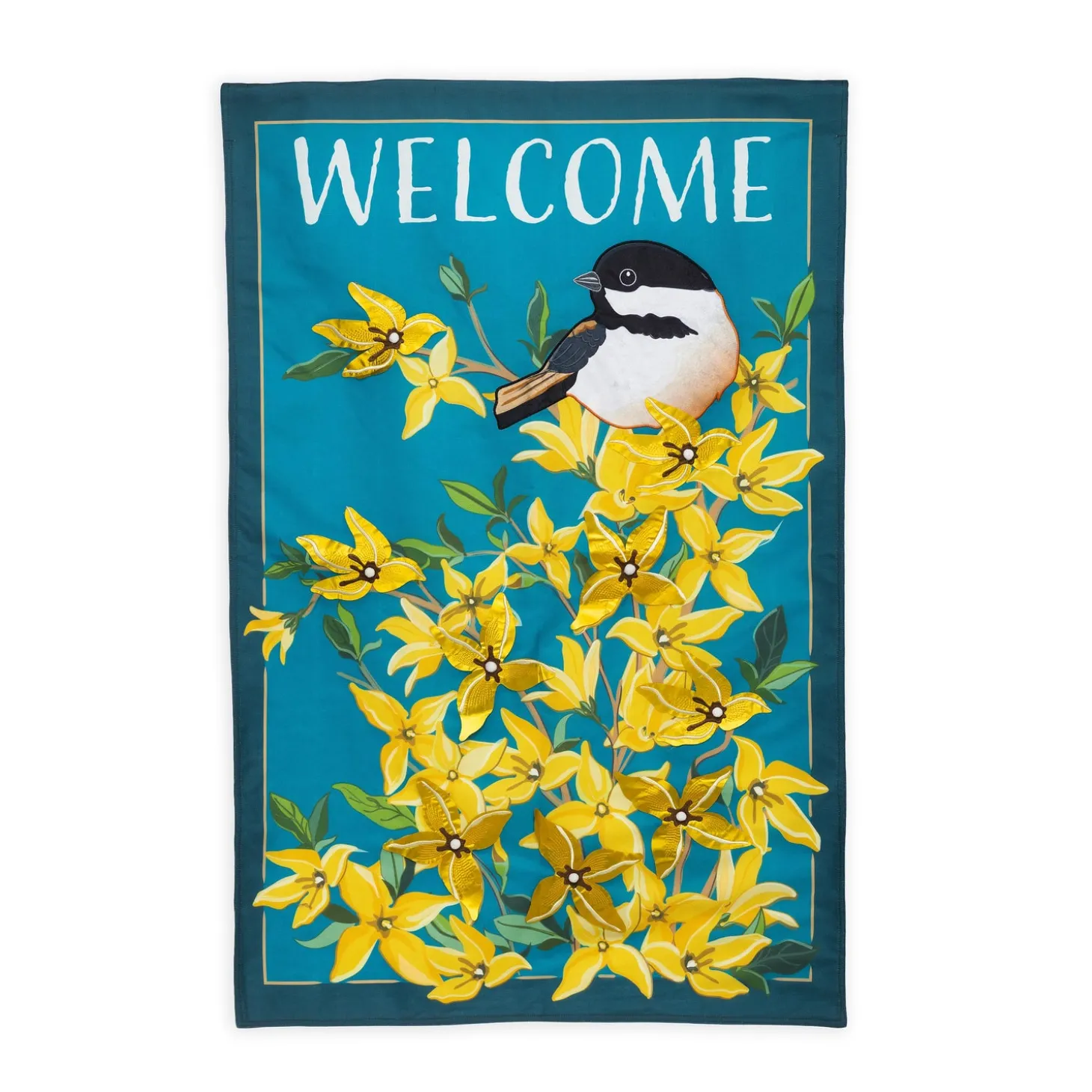 House & Estate Flags>Plow & Hearth Forsythia and Chickadee Welcome Estate Flag