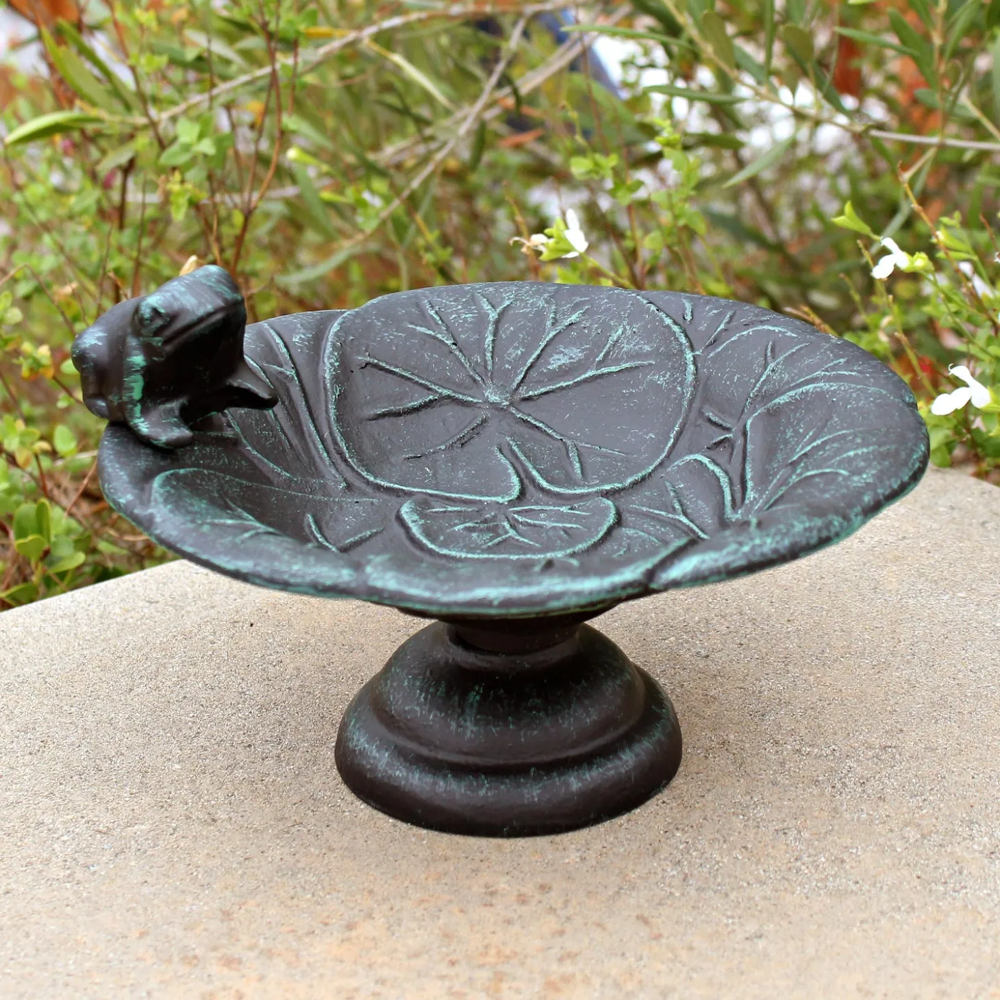 Birdbaths>Plow & Hearth Frog Tabletop Metal Birdbath Verdigris