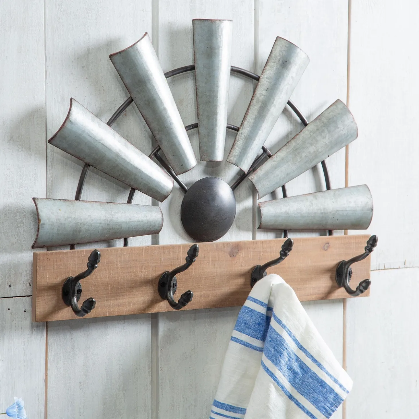 Chests & Storage Cabinets | Wall Art>Plow & Hearth Galvanized Metal and Wood Windmill Hook Rack