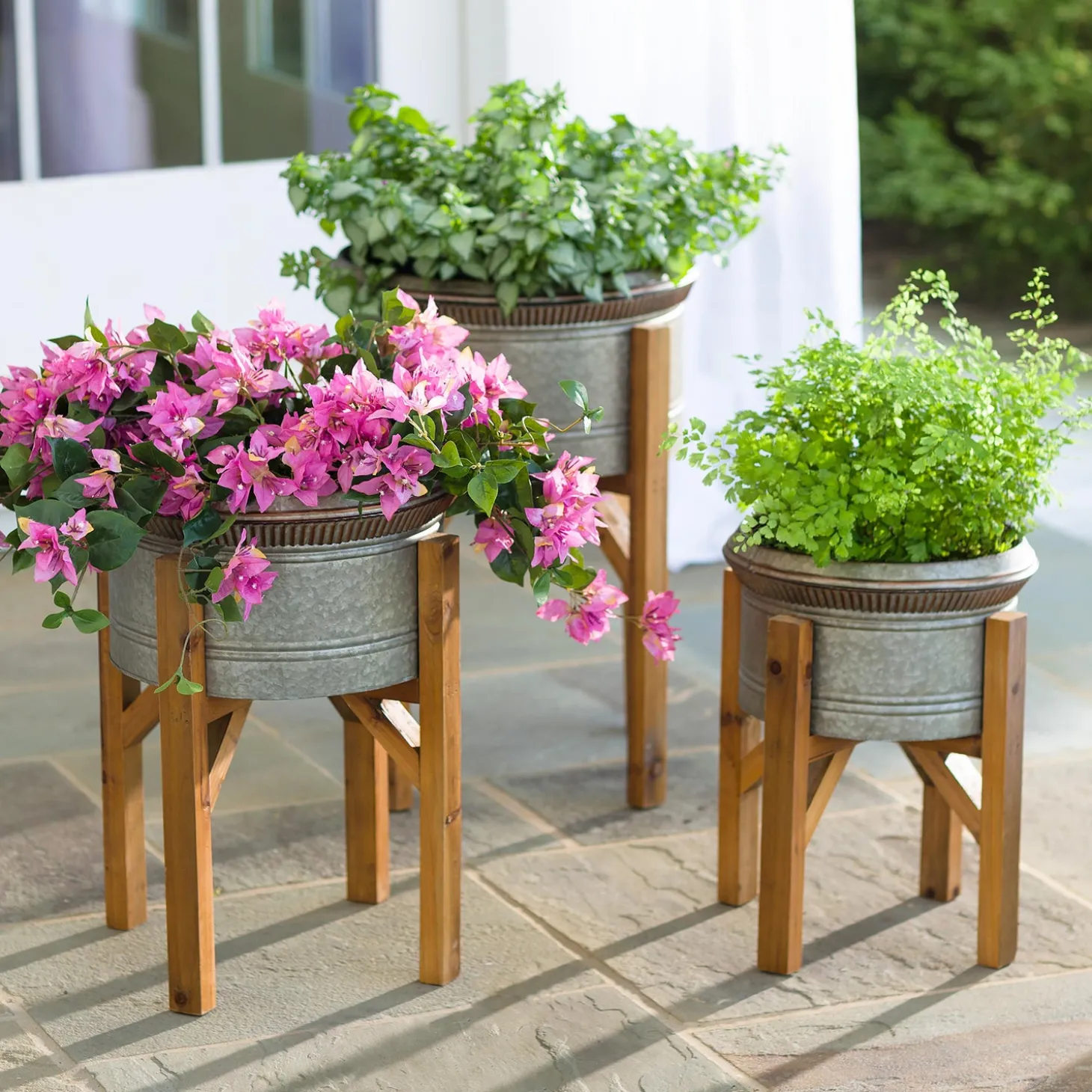 Planters & Plant Stands>Plow & Hearth Galvanized Planters with Wooden Stands, Set of 3