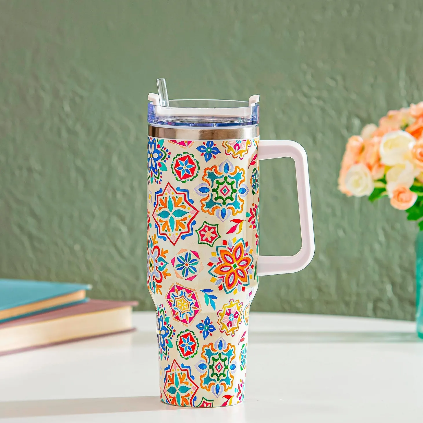 Travel Cups>Plow & Hearth Geometric Tapestry Canyon Cup, Double Wall Stainless Steel w/ Straw, 40oz, Gift Box